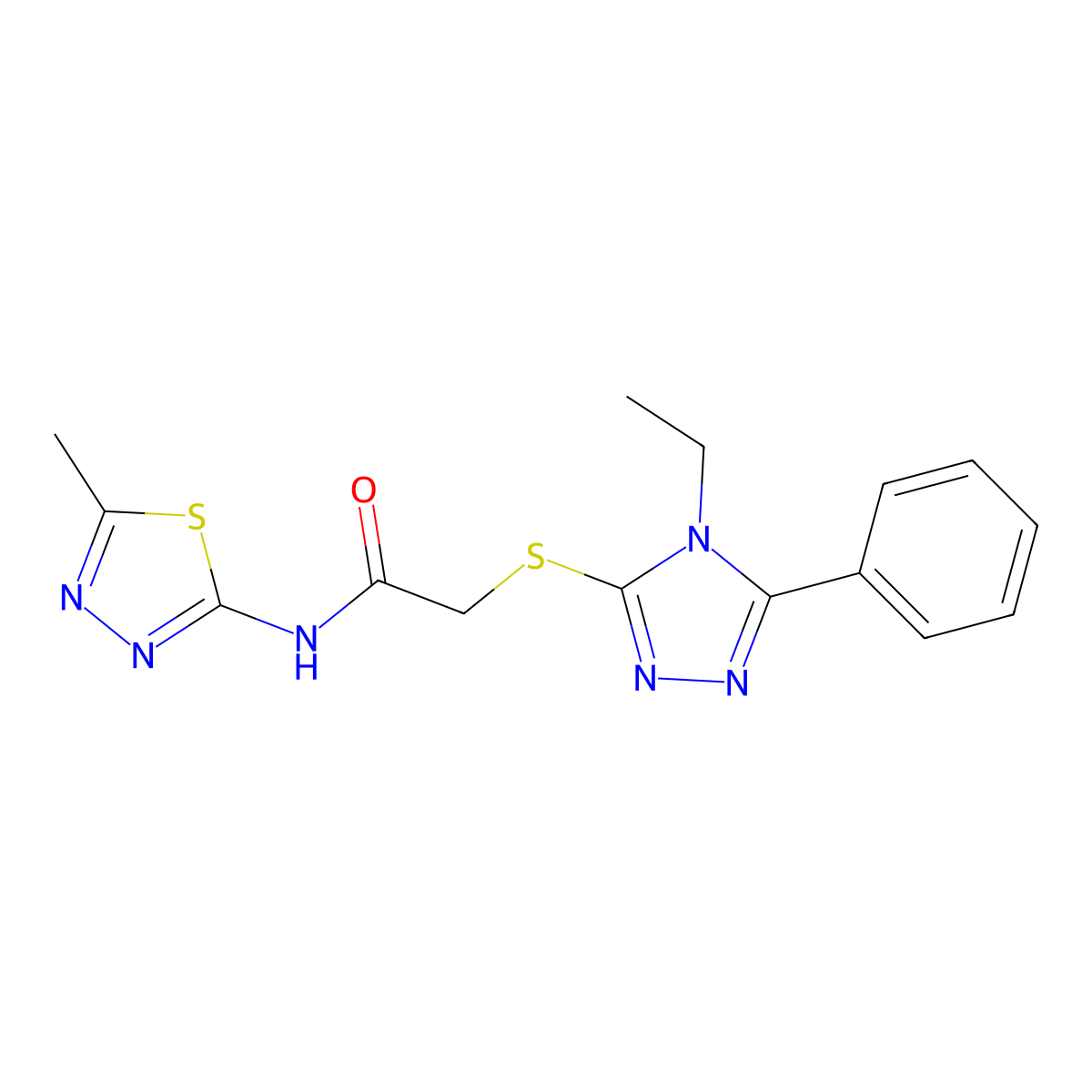 2-[(4-ethyl-5-phenyl-1,2,4-triazol-3-yl)sulfanyl]-N-(5-methyl-1,3,4-thiadiazol-2-yl)acetamide molecular structure, CAS 553662-02-5