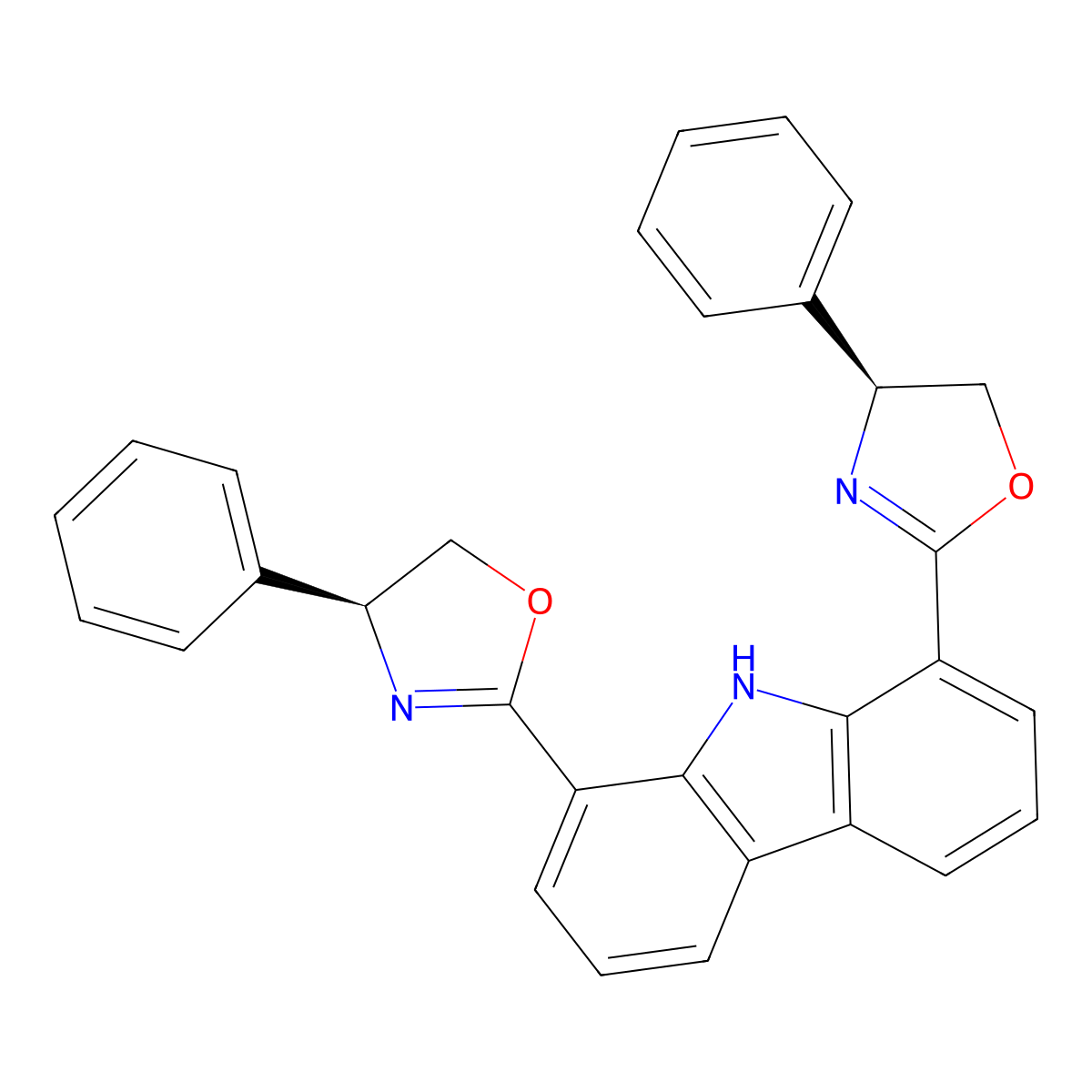 1,8-Bis((S)-4-phenyl-4,5-dihydrooxazol-2-yl)-9H-carbazole molecular structure, CAS 553663-64-2