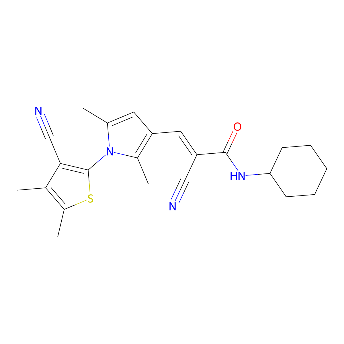 2-cyano-3-[1-(3-cyano-4,5-dimethylthiophen-2-yl)-2,5-dimethylpyrrol-3-yl]-N-cyclohexylprop-2-enamide molecular structure, CAS 5539-15-1