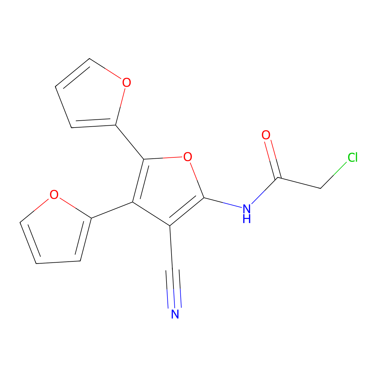 2-chloro-N-(4'-cyano-2'-(furan-2-yl)-(2,3'-bifuran)-5'-yl)acetamide molecular structure, CAS 554404-36-3