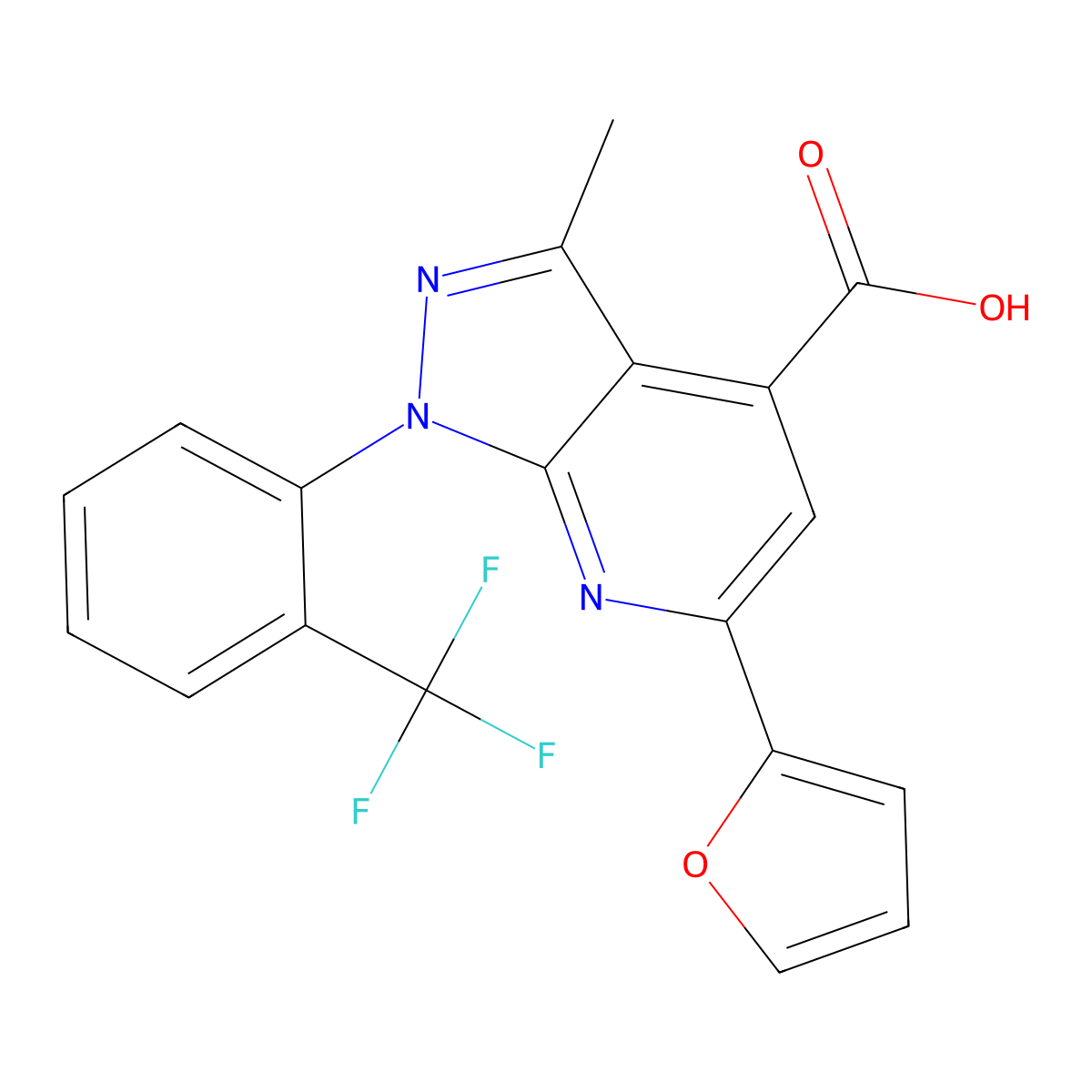 6-(furan-2-yl)-3-methyl-1-[2-(trifluoromethyl)phenyl]-1H-pyrazolo[3,4-b]pyridine-4-carboxylic acid molecular structure, CAS 554405-91-3