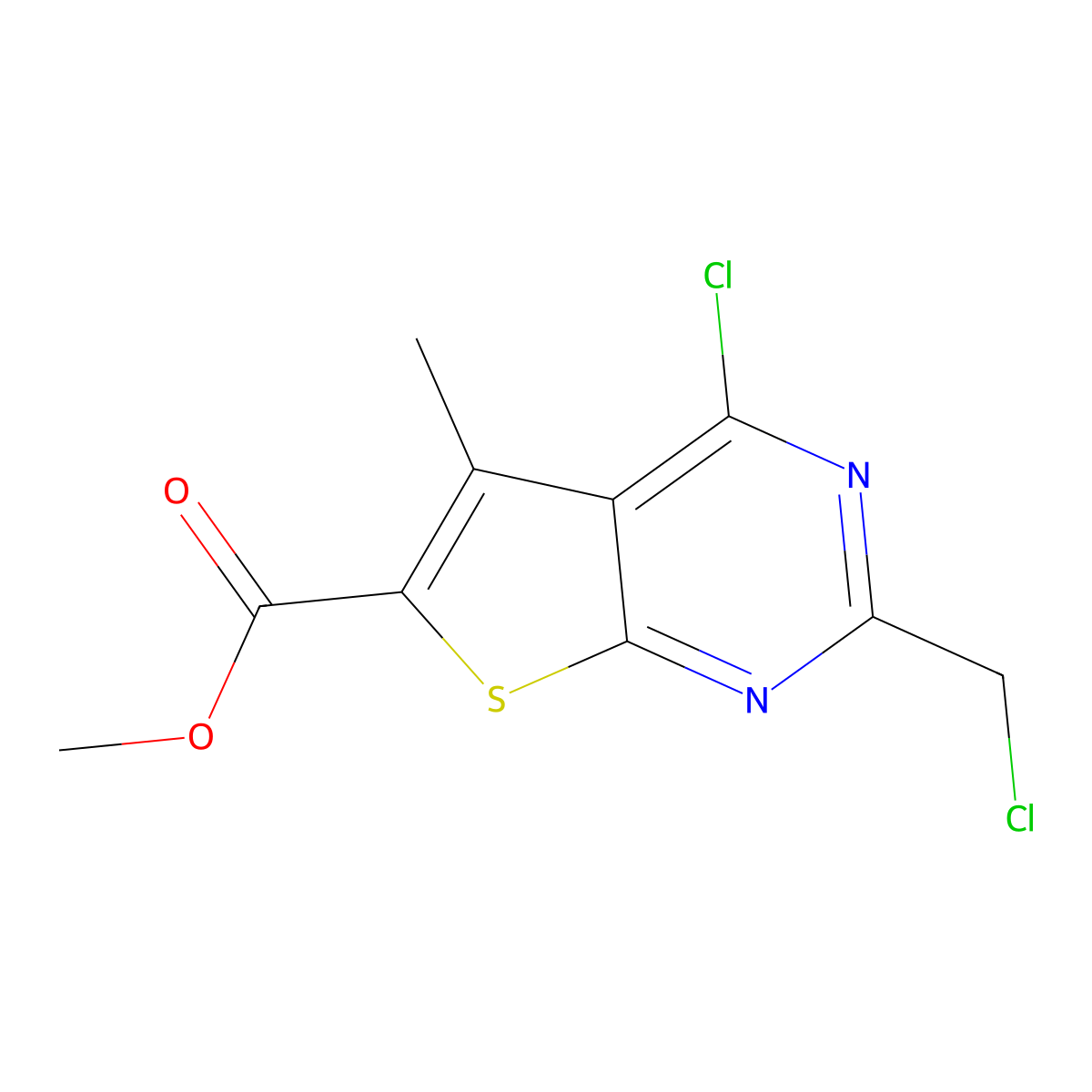 Methyl 4-chloro-2-(chloromethyl)-5-methylthieno[2,3-d]pyrimidine-6-carboxylate molecular structure, CAS 554407-27-1