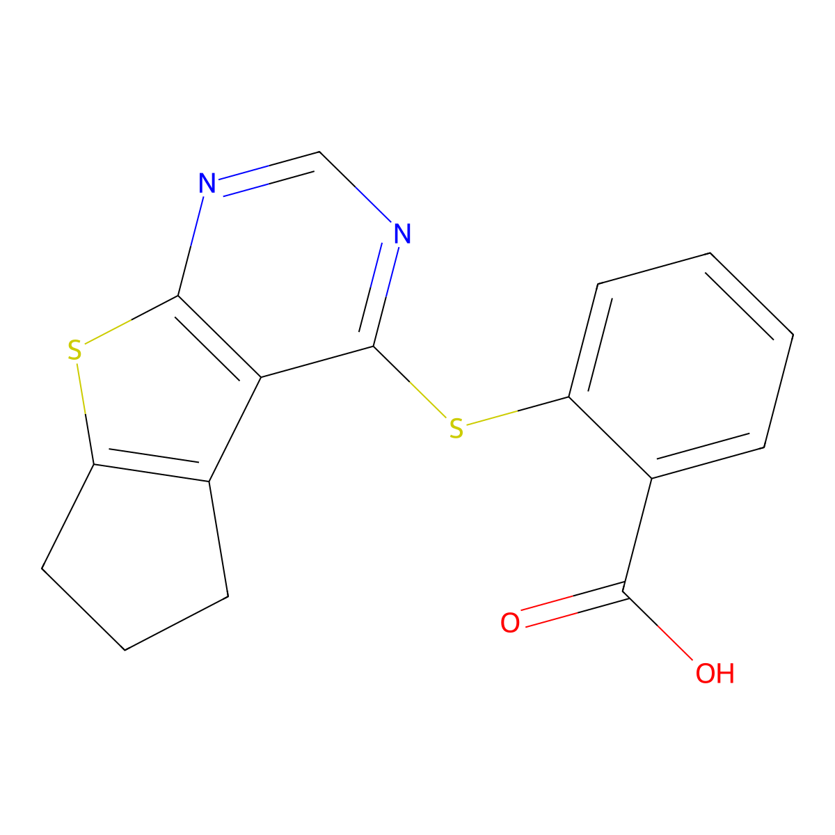 2-{7-Thia-9,11-diazatricyclo[6.4.0.0,2,6]dodeca-1(12),2(6),8,10-tetraen-12-ylsulfanyl}benzoic acid molecular structure, CAS 554407-97-5