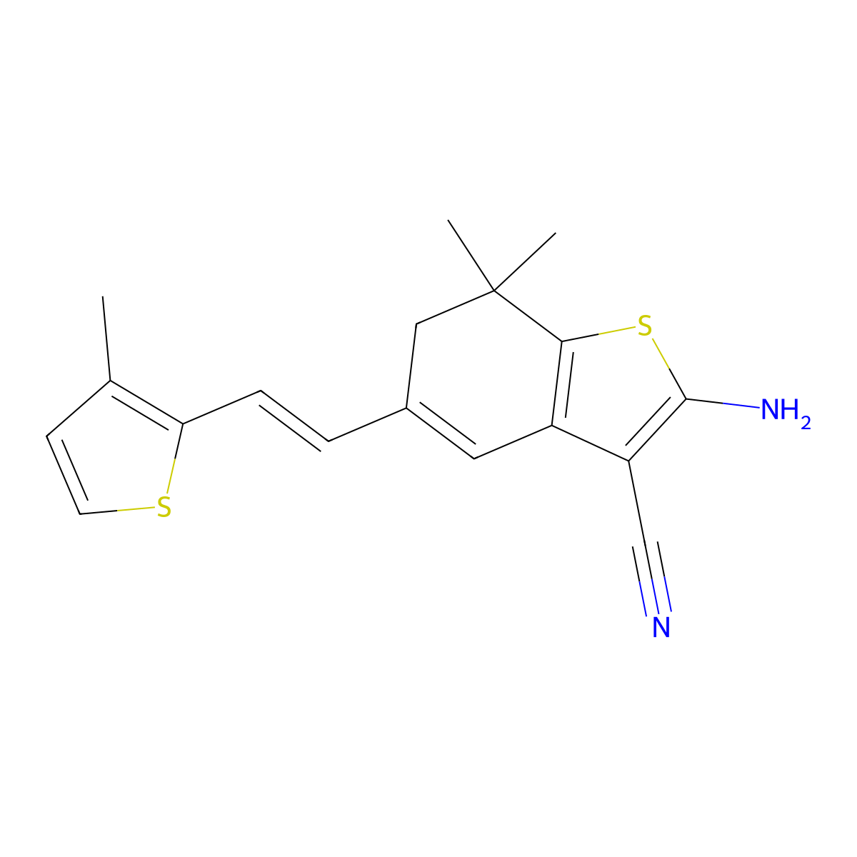2-Amino-7,7-dimethyl-5-[2-(3-methylthiophen-2-yl)ethenyl]-6,7-dihydro-1-benzothiophene-3-carbonitrile molecular structure, CAS 554423-27-7