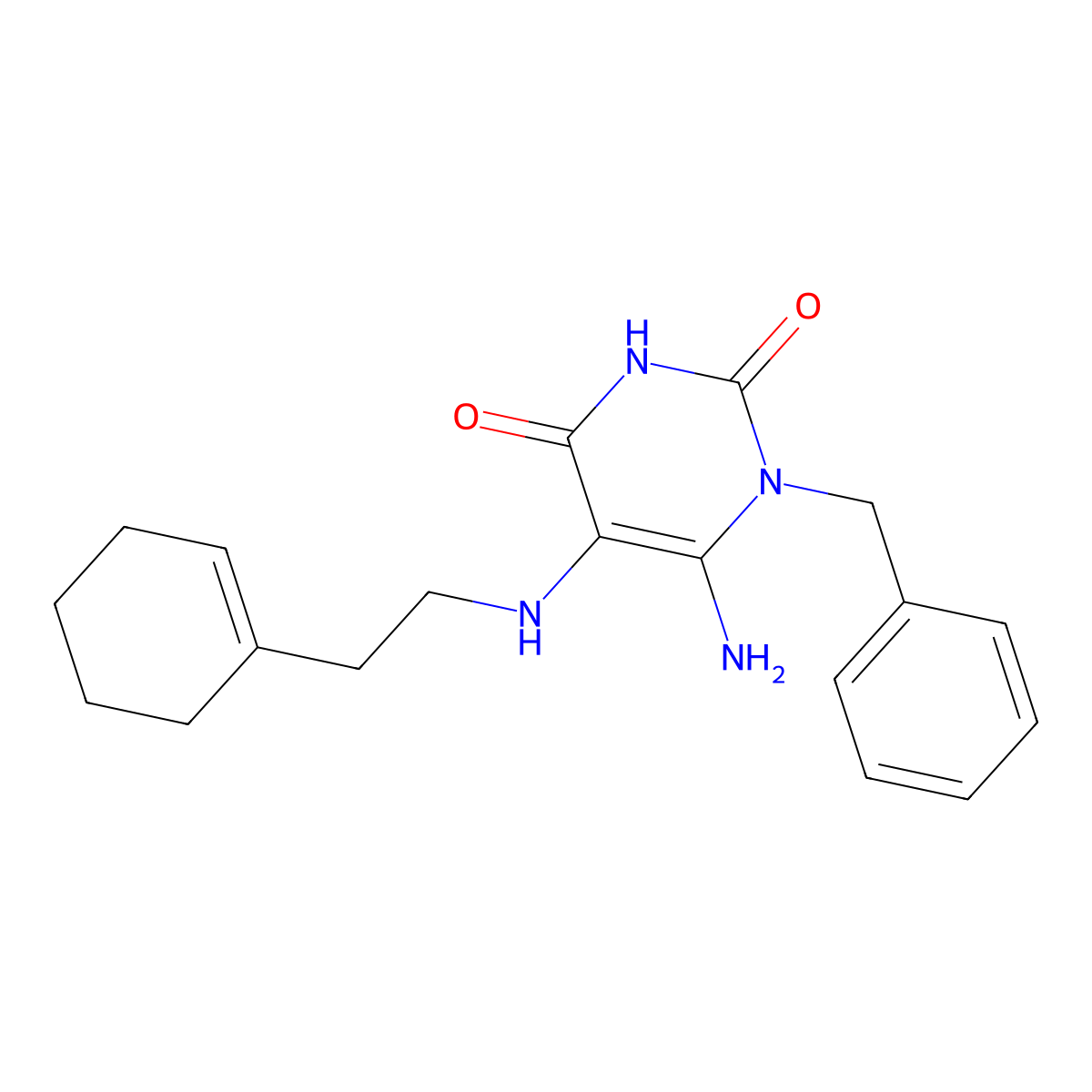 6-Amino-1-benzyl-5-{[2-(cyclohex-1-en-1-yl)ethyl]amino}-1,2,3,4-tetrahydropyrimidine-2,4-dione molecular structure, CAS 554423-30-2