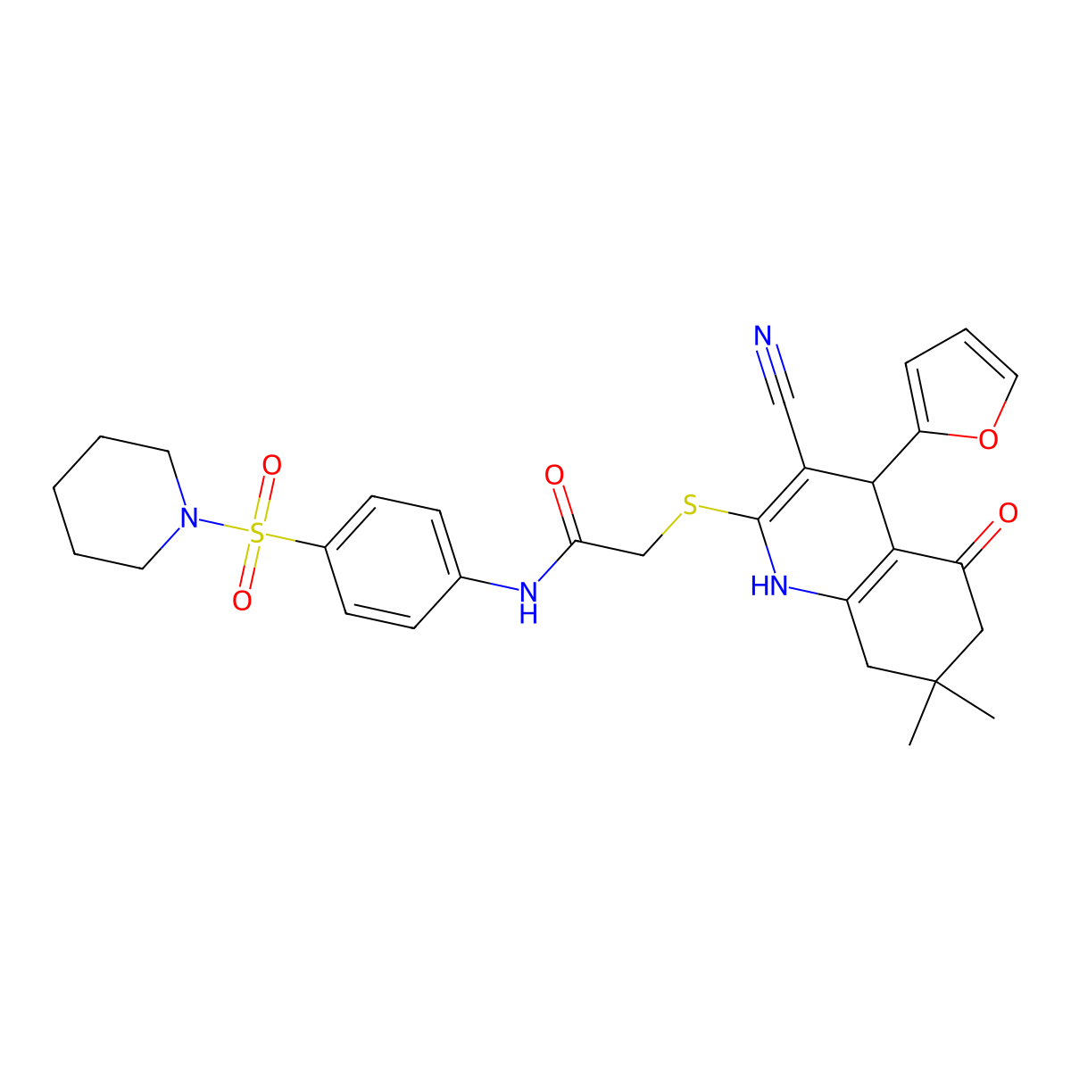 2-[[3-cyano-4-(furan-2-yl)-7,7-dimethyl-5-oxo-1,4,6,8-tetrahydroquinolin-2-yl]sulfanyl]-N-(4-piperidin-1-ylsulfonylphenyl)acetamide molecular structure, CAS 554423-41-5
