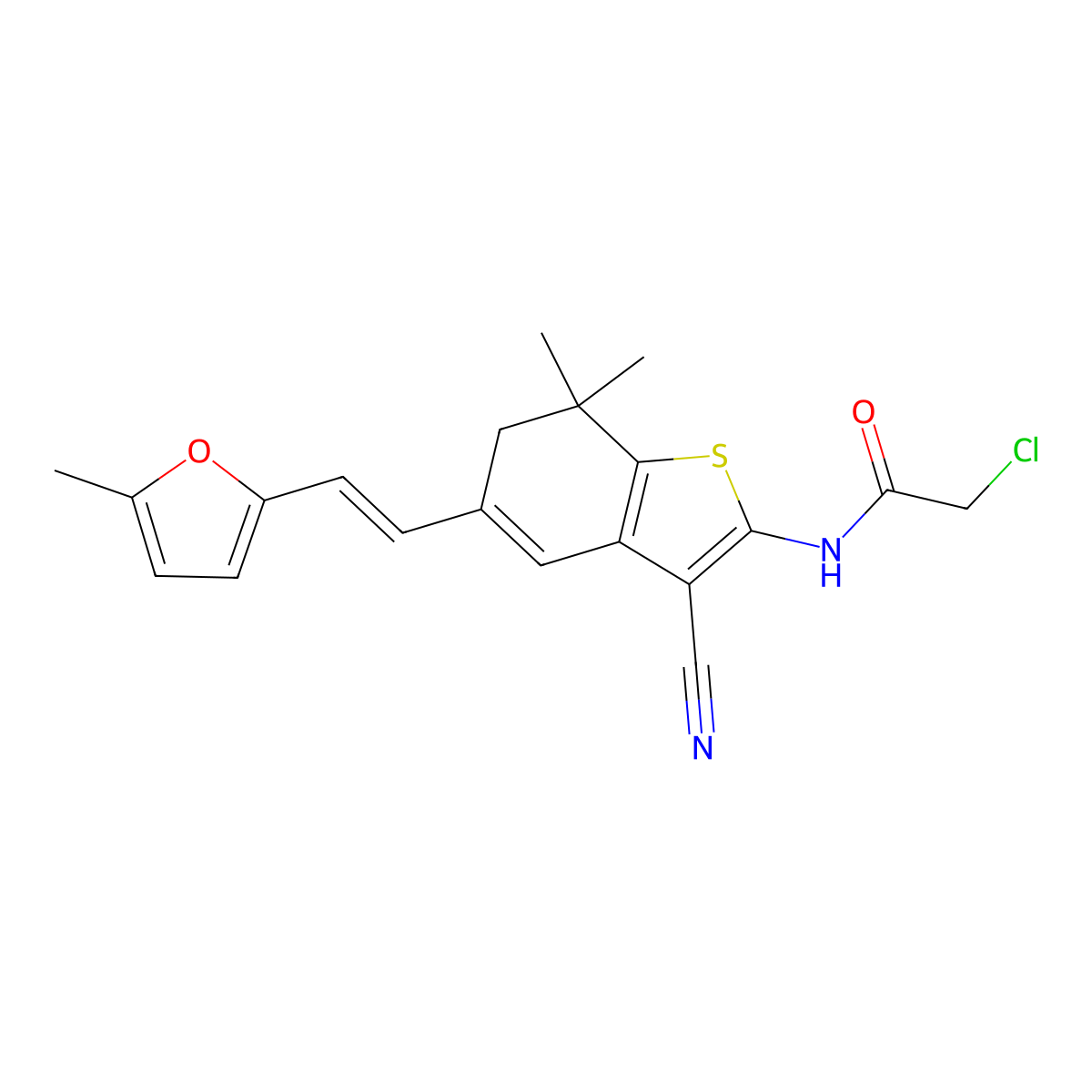 2-chloro-N-{3-cyano-7,7-dimethyl-5-[2-(5-methylfuran-2-yl)ethenyl]-6,7-dihydro-1-benzothiophen-2-yl}acetamide molecular structure, CAS 554424-73-6