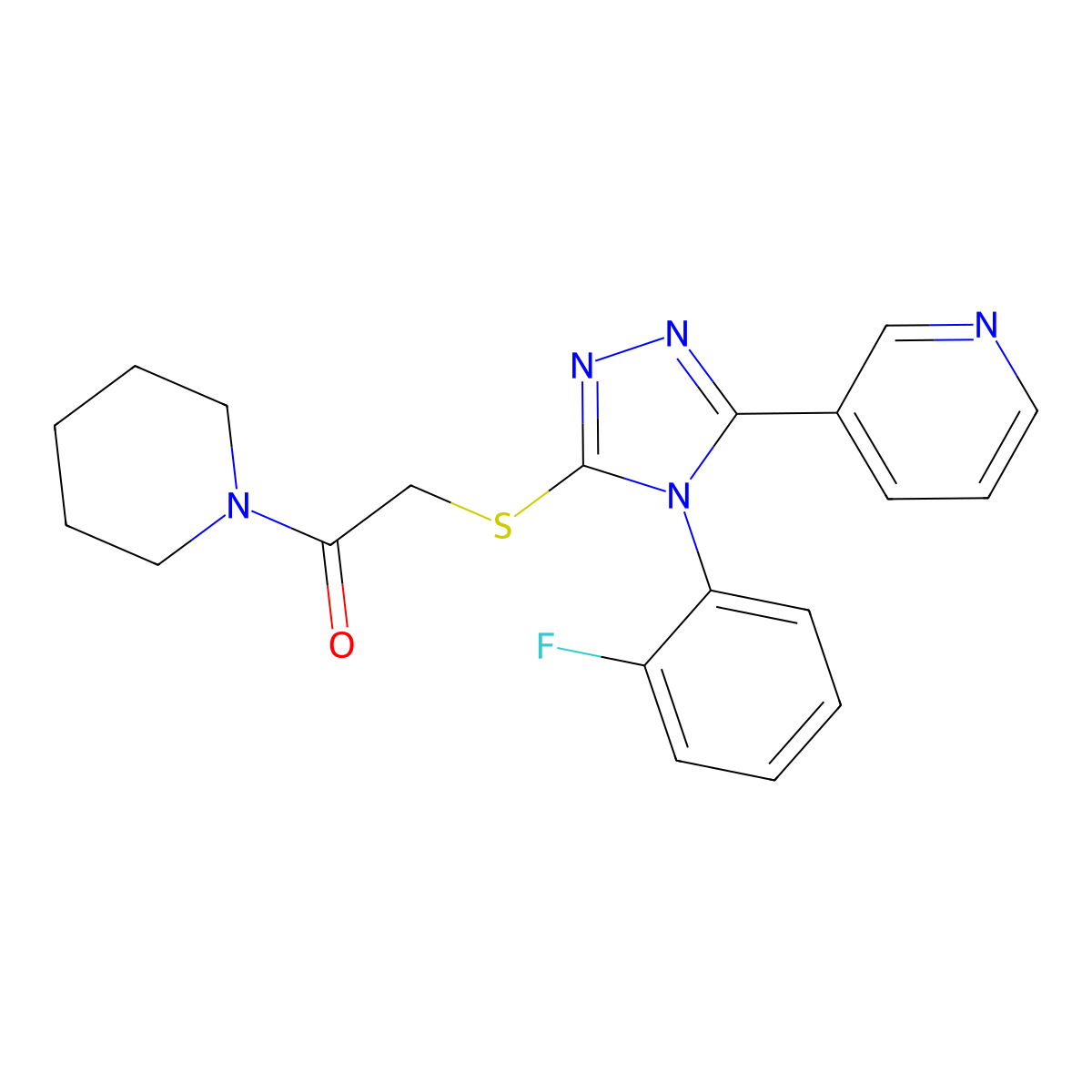 2-{[4-(2-fluorophenyl)-5-(pyridin-3-yl)-4H-1,2,4-triazol-3-yl]sulfanyl}-1-(piperidin-1-yl)ethan-1-one molecular structure, CAS 554439-56-4