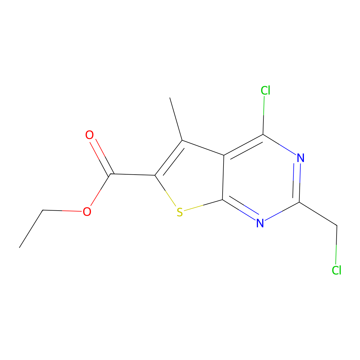 Ethyl 4-chloro-2-(chloromethyl)-5-methylthieno[2,3-d]pyrimidine-6-carboxylate molecular structure, CAS 554439-97-3