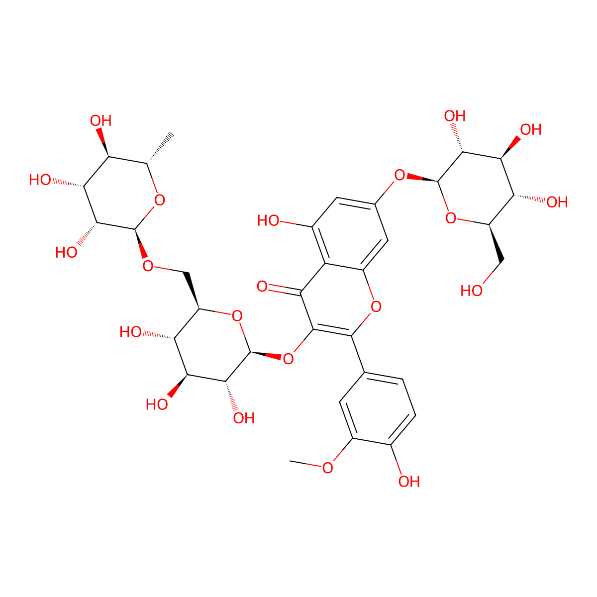 5-Hydroxy-2-(4-hydroxy-3-methoxy-phenyl)-7-(3,4,5-trihydroxy-6-hydroxymethyl-tetrahydro-pyran-2-yloxy)-3-(3,4,5-trihydroxy-6-(3,4,5-trihydroxy-6-methyl-tetrahydro-pyran-2-yloxymethyl)-tetrahydro-pyran-2-yloxy)-1-benzopyran-4-one molecular structure, CAS 55481-91-9