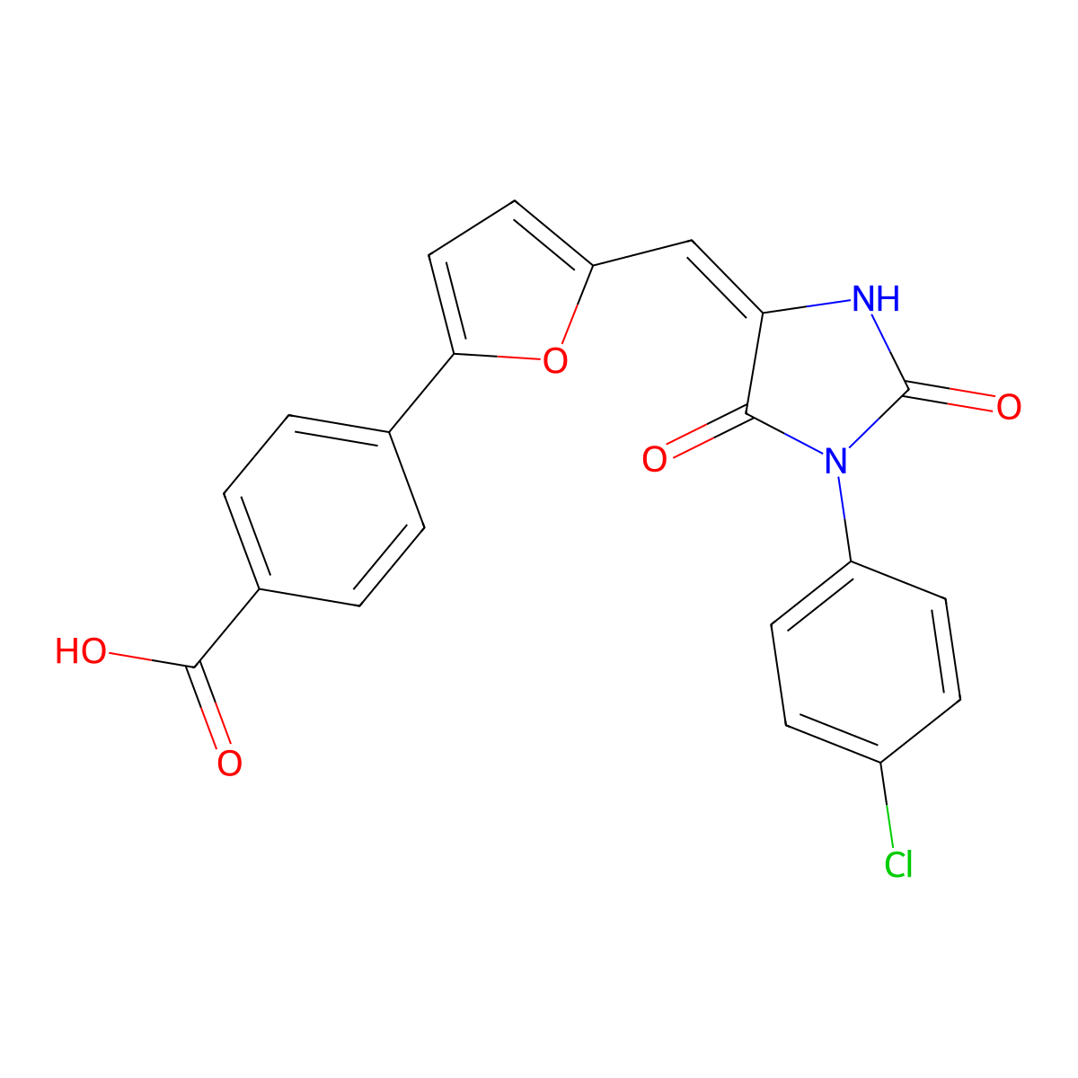 4-(5-{[1-(4-Chlorophenyl)-2,5-dioxoimidazolidin-4-ylidene]methyl}furan-2-yl)benzoic acid molecular structure, CAS 5550-33-4