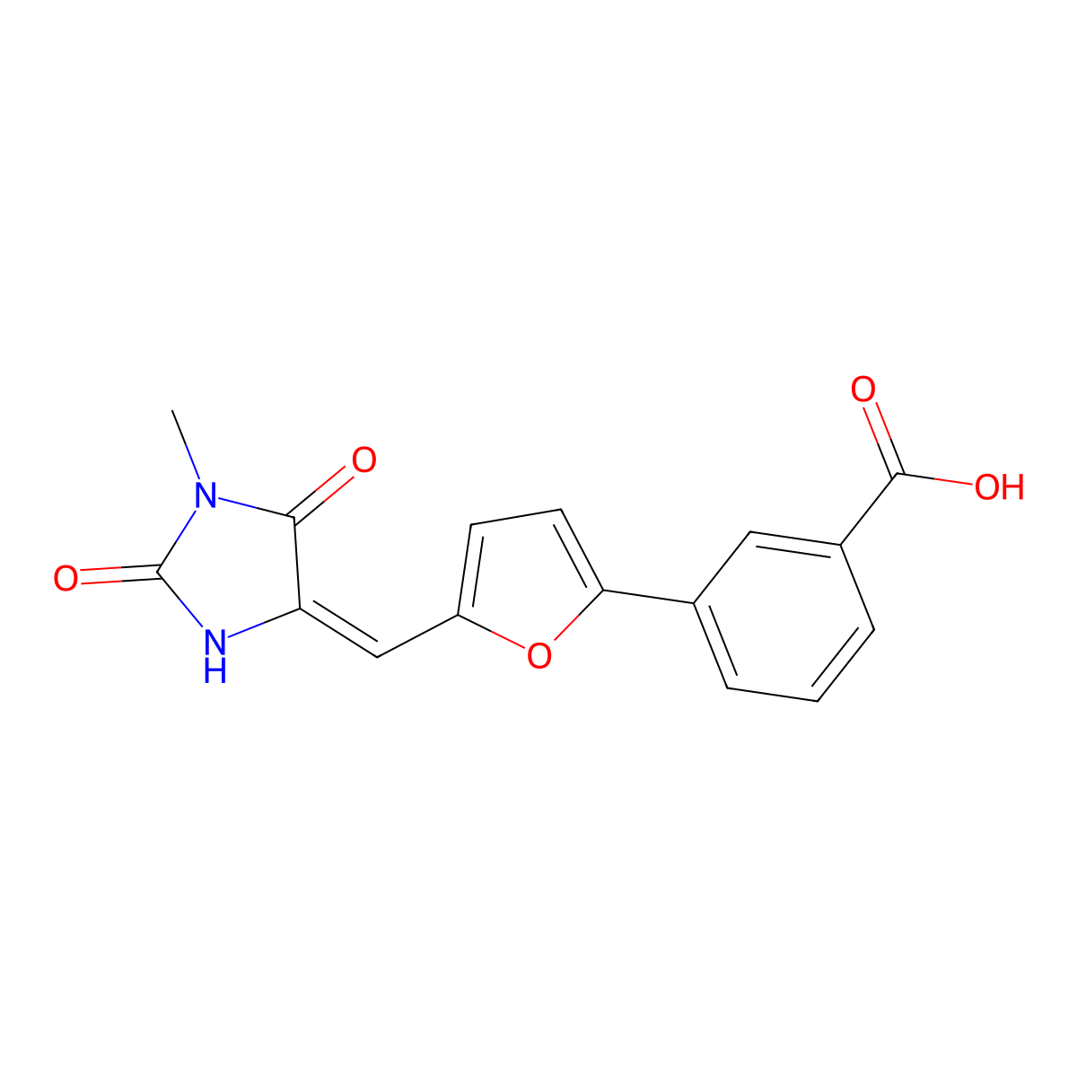 3-[5-[(1-Methyl-2,5-dioxoimidazolidin-4-ylidene)methyl]furan-2-yl]benzoic acid molecular structure, CAS 5550-48-1