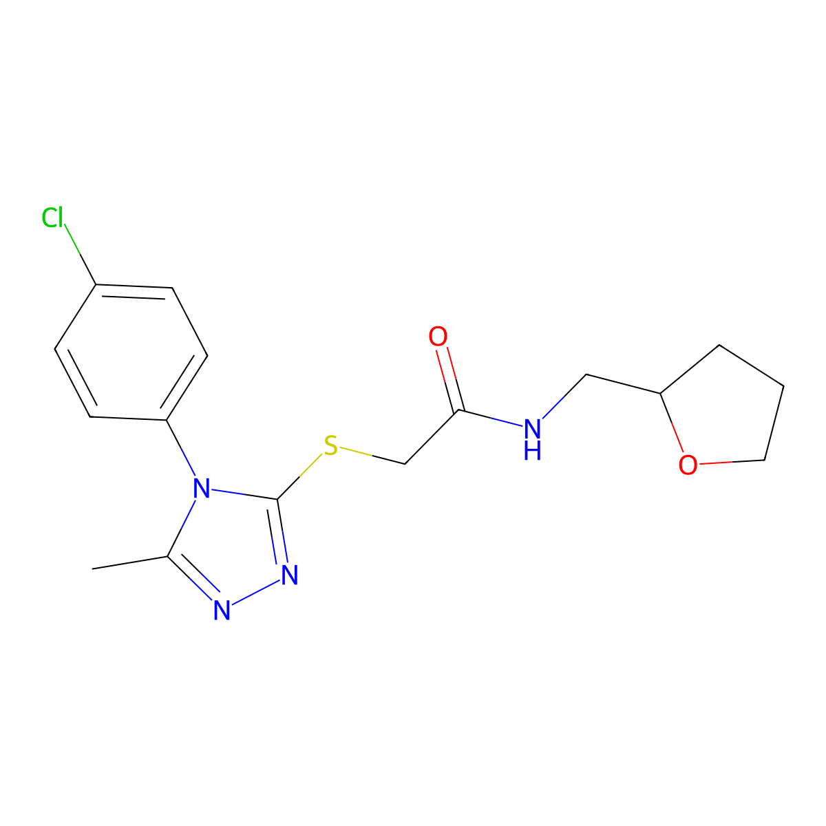 2-{[4-(4-chlorophenyl)-5-methyl-4H-1,2,4-triazol-3-yl]sulfanyl}-N-(tetrahydrofuran-2-ylmethyl)acetamide molecular structure, CAS 5554-15-4