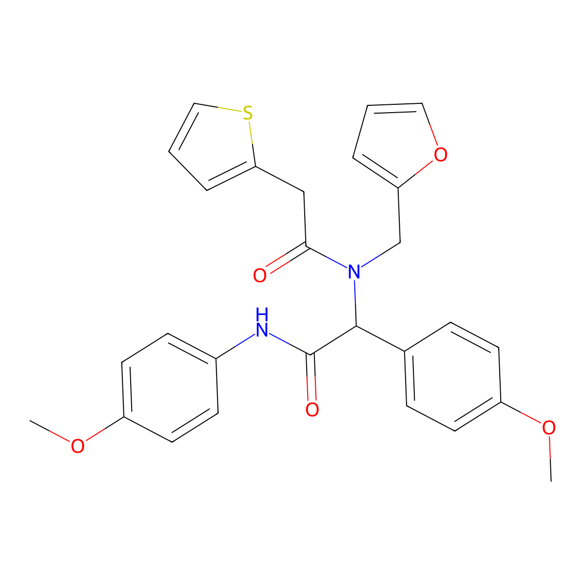 N-(furan-2-ylmethyl)-N-{1-(4-methoxyphenyl)-2-[(4-methoxyphenyl)amino]-2-oxoethyl}-2-(thiophen-2-yl)acetamide molecular structure, CAS 5555-04-4