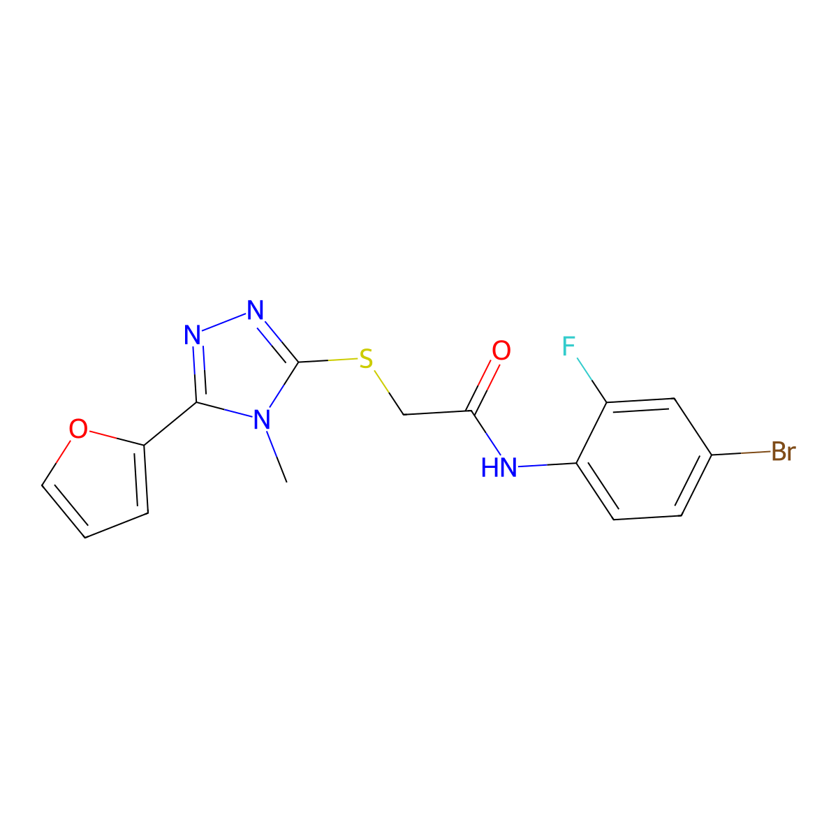 N-(4-bromo-2-fluorophenyl)-2-{[5-(furan-2-yl)-4-methyl-4H-1,2,4-triazol-3-yl]sulfanyl}acetamide molecular structure, CAS 5555-66-8