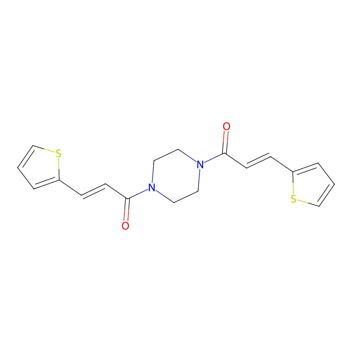 Piperazine, 1,4-bis[1-oxo-3-(2-thienyl)-2-propenyl]- molecular structure, CAS 55557-54-5