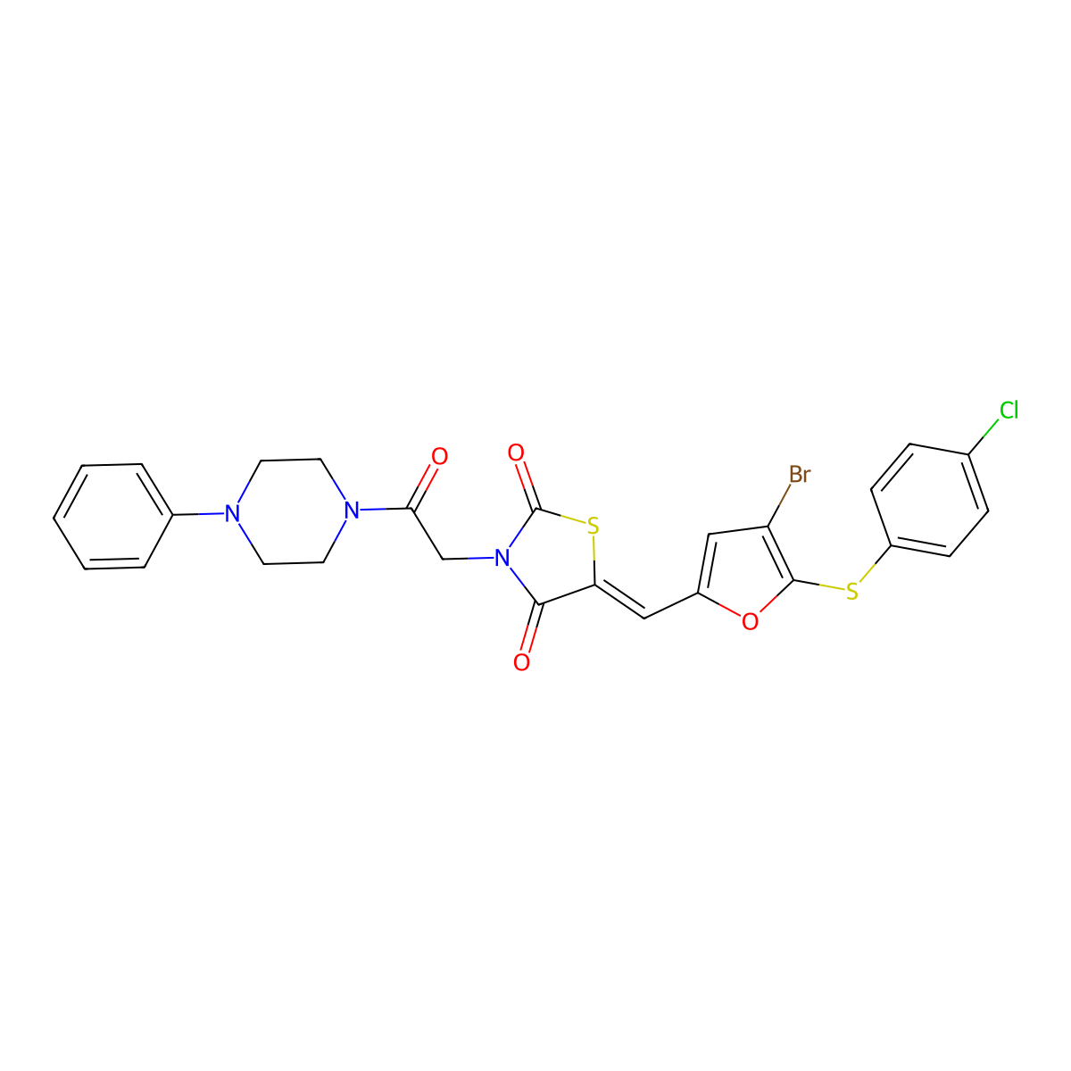 5-[[4-Bromo-5-(4-chlorophenyl)sulfanylfuran-2-yl]methylidene]-3-[2-oxo-2-(4-phenylpiperazin-1-yl)ethyl]-1,3-thiazolidine-2,4-dione molecular structure, CAS 5556-40-1