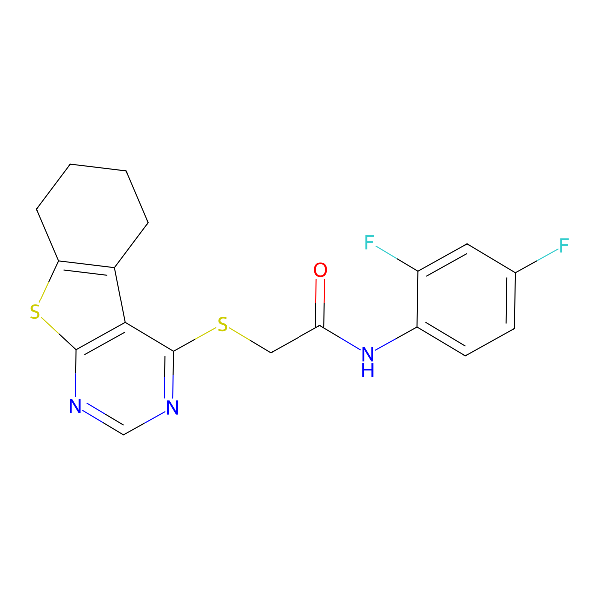N-(2,4-difluorophenyl)-2-(5,6,7,8-tetrahydro[1]benzothieno[2,3-d]pyrimidin-4-ylsulfanyl)acetamide molecular structure, CAS 556028-47-8