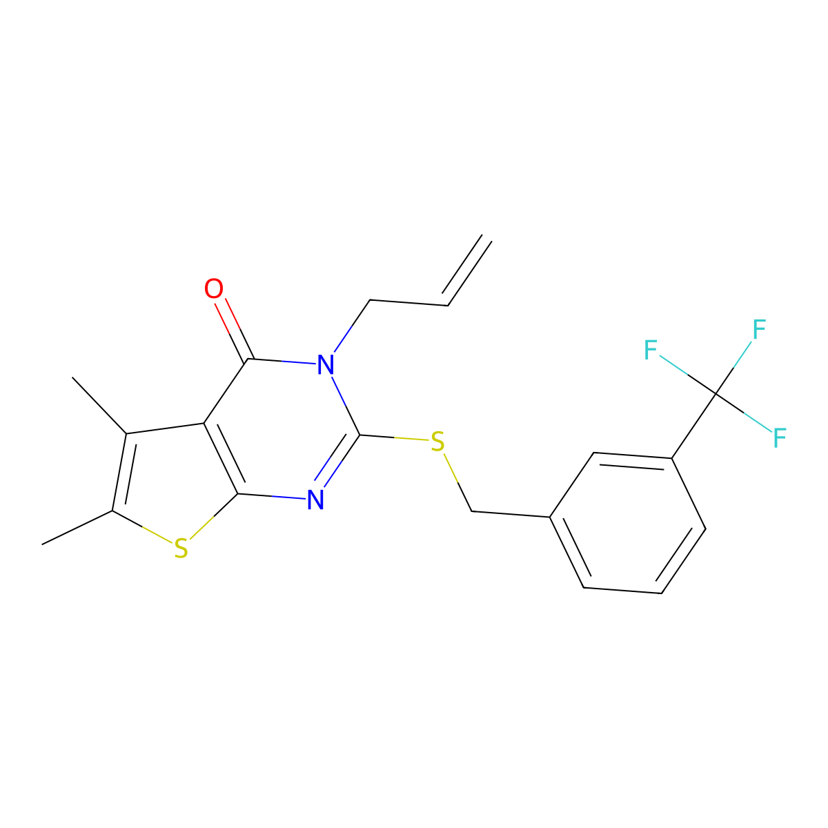 5,6-dimethyl-3-(prop-2-en-1-yl)-2-{[3-(trifluoromethyl)benzyl]sulfanyl}thieno[2,3-d]pyrimidin-4(3H)-one molecular structure, CAS 556058-90-3