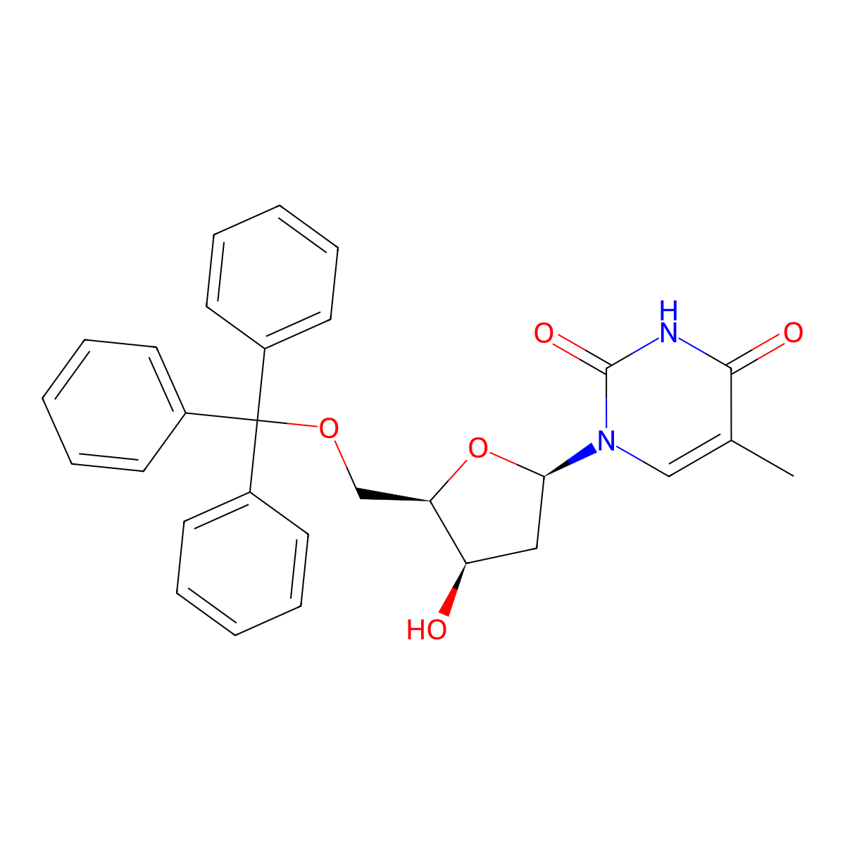 1-(2-deoxy-5-O-trityl-beta-D-threopentofuranosyl)thymine molecular structure, CAS 55612-11-8