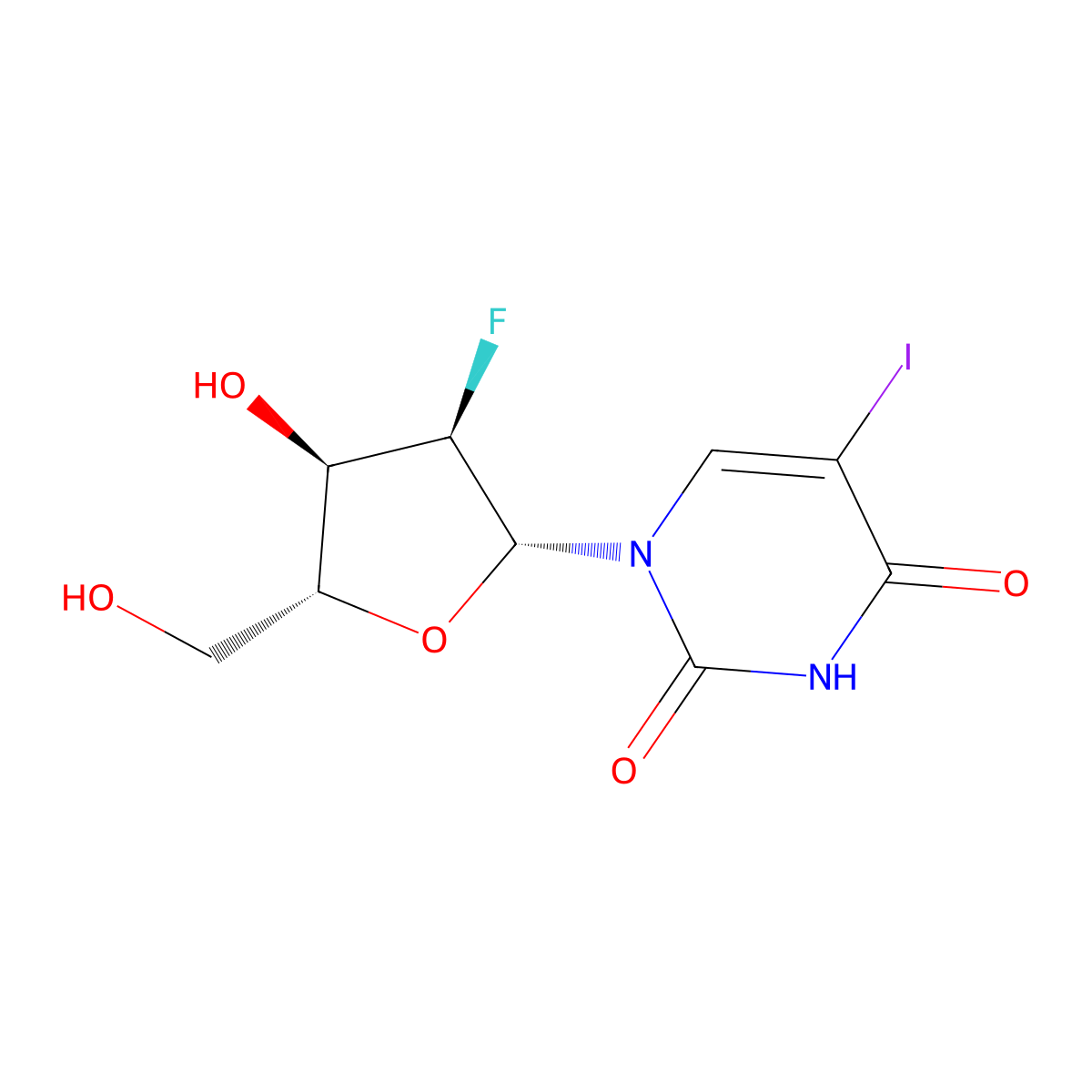 5-Iodo-1-(2-fluoro-2-deoxyribofuranosyl)uracil molecular structure, CAS 55612-21-0