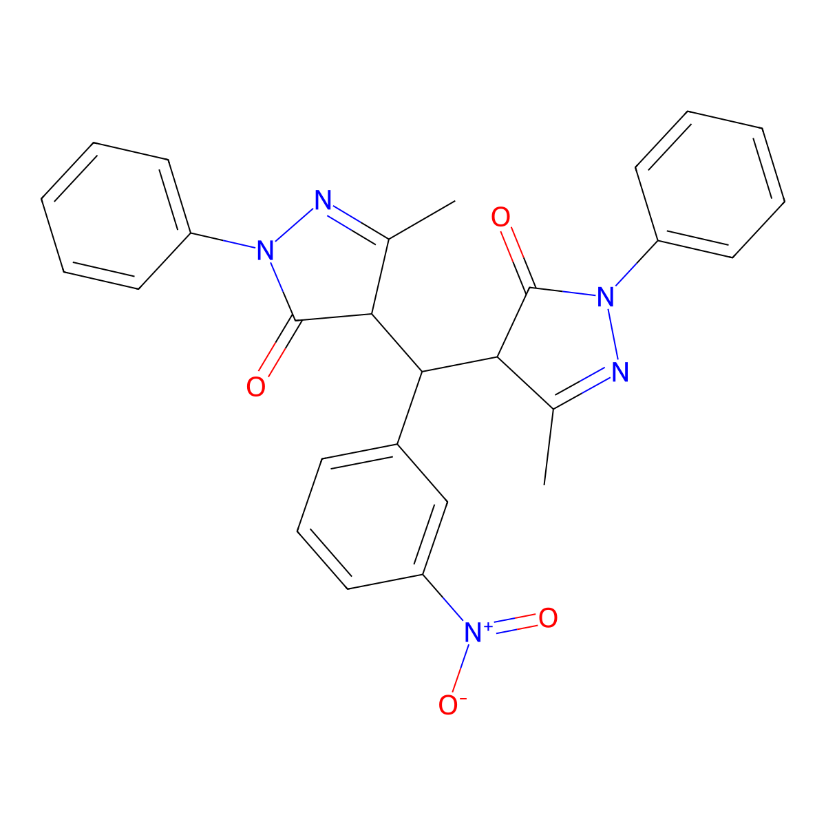 5-methyl-4-[(3-methyl-5-oxo-1-phenyl-4H-pyrazol-4-yl)-(3-nitrophenyl)methyl]-2-phenyl-4H-pyrazol-3-one molecular structure, CAS 5562-54-9