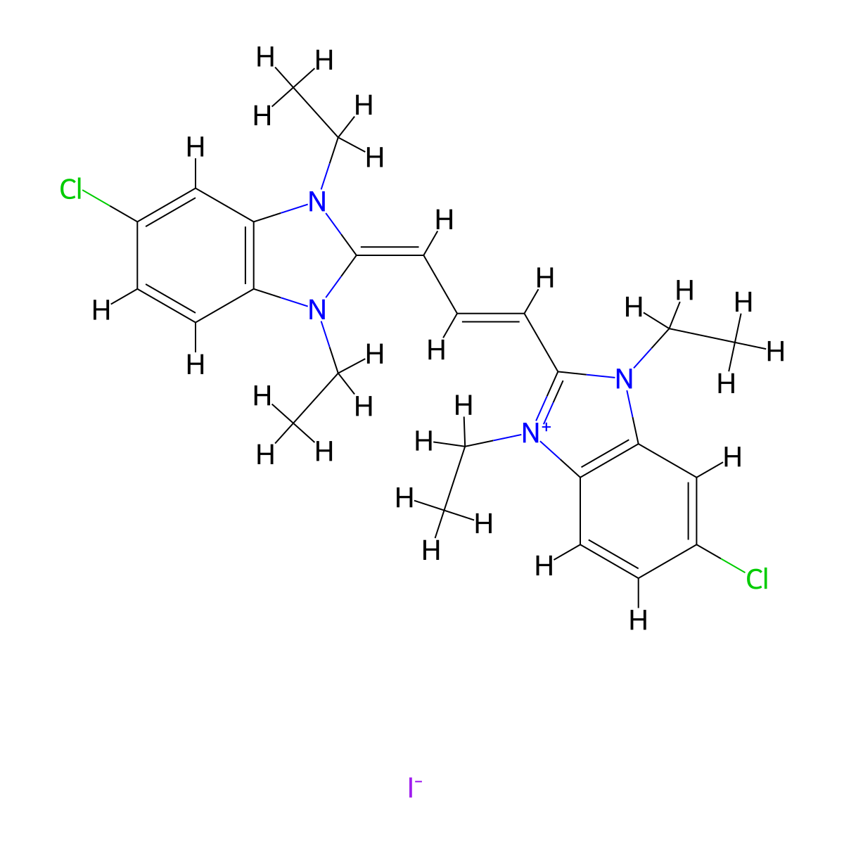 (2E)-5-chloro-2-[(E)-3-(5-chloro-1,3-diethylbenzimidazol-1-ium-2-yl)prop-2-enylidene]-1,3-diethylbenzimidazole iodide molecular structure, CAS 5563-28-0