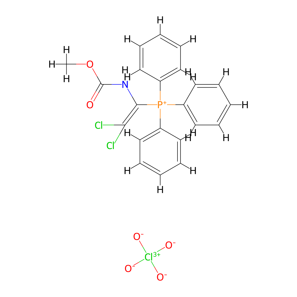 {2,2-Dichloro-1-[(methoxycarbonyl)amino]ethenyl}(triphenyl)phosphanium perchlorate molecular structure, CAS 55630-11-0