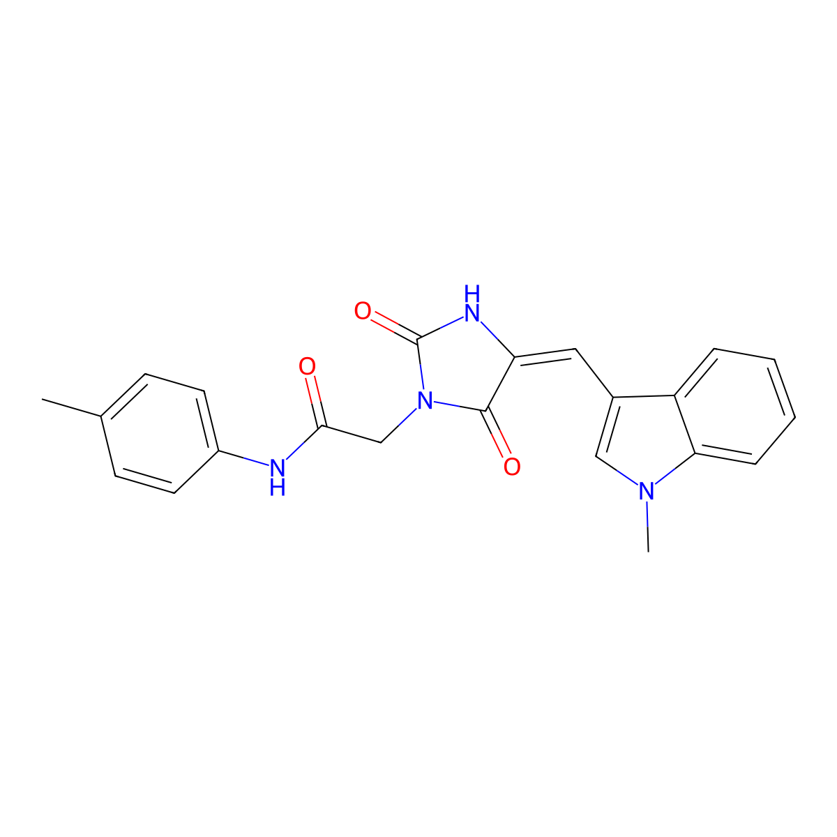 2-[4-[(1-methylindol-3-yl)methylidene]-2,5-dioxoimidazolidin-1-yl]-N-(4-methylphenyl)acetamide molecular structure, CAS 5565-23-1