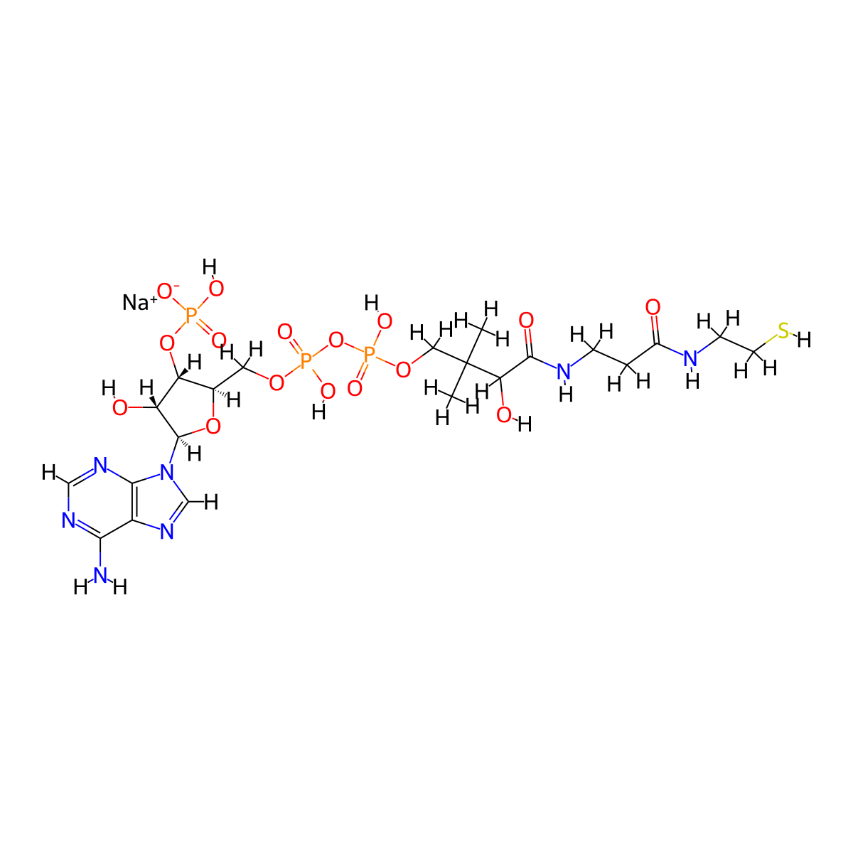 sodium [(2R,3S,4R,5R)-5-(6-aminopurin-9-yl)-4-hydroxy-2-[[hydroxy-[hydroxy-[3-hydroxy-2,2-dimethyl-4-oxo-4-[[3-oxo-3-(2-sulfanylethylamino)propyl]amino]butoxy]phosphoryl]oxyphosphoryl]oxymethyl]oxolan-3-yl] hydrogen phosphate molecular structure, CAS 55672-92-9