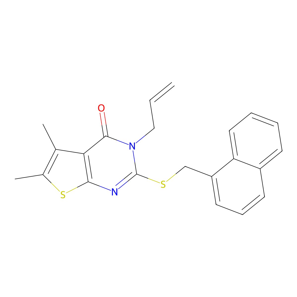 5,6-dimethyl-2-[(naphthalen-1-ylmethyl)sulfanyl]-3-(prop-2-en-1-yl)thieno[2,3-d]pyrimidin-4(3H)-one molecular structure, CAS 556779-67-0