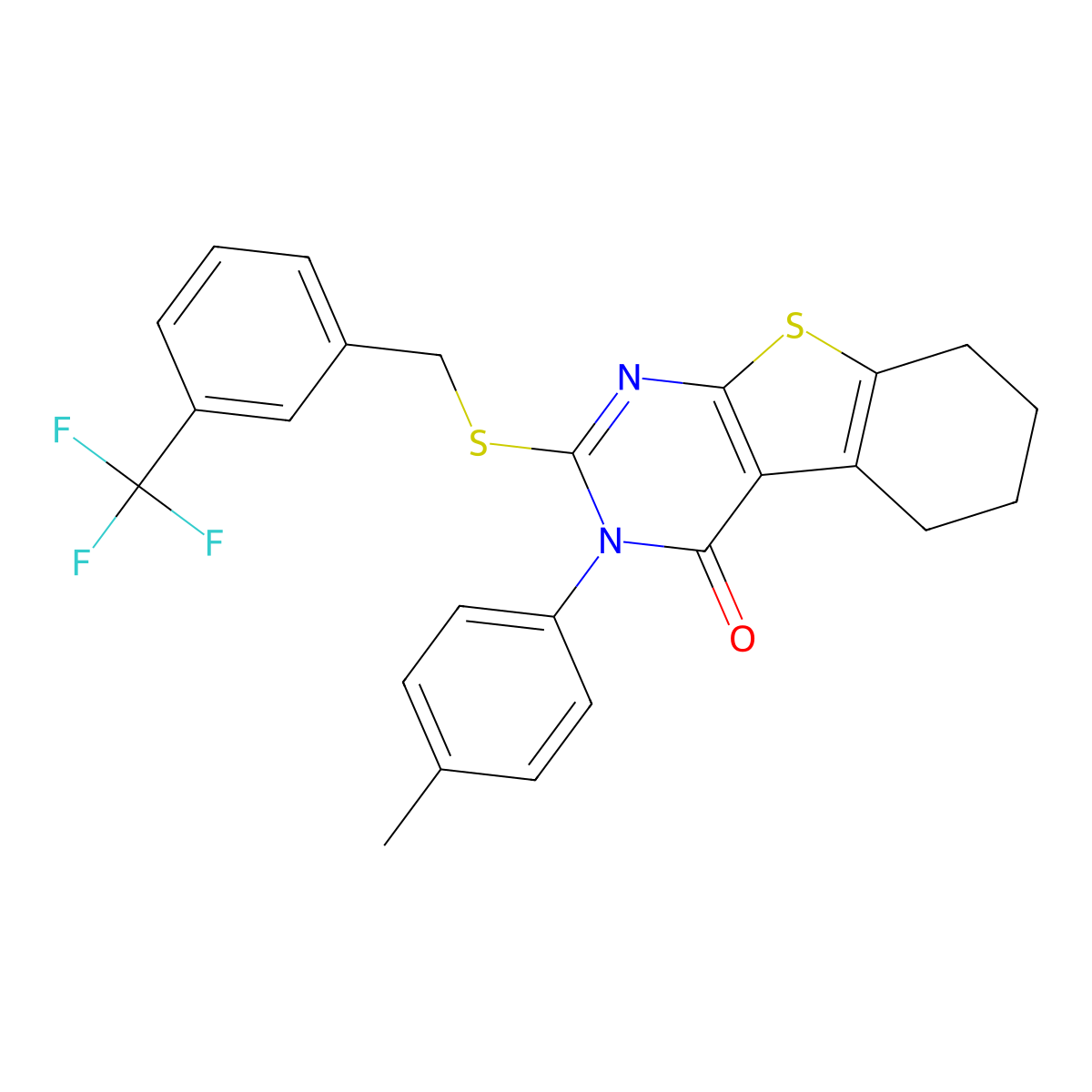 3-(4-methylphenyl)-2-{[3-(trifluoromethyl)benzyl]sulfanyl}-5,6,7,8-tetrahydro[1]benzothieno[2,3-d]pyrimidin-4(3H)-one molecular structure, CAS 556791-62-9