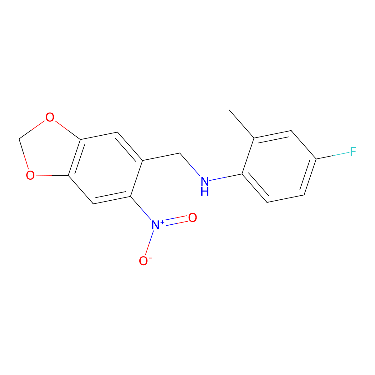 4-fluoro-2-methyl-N-[(6-nitro-1,3-benzodioxol-5-yl)methyl]aniline molecular structure, CAS 5568-04-7