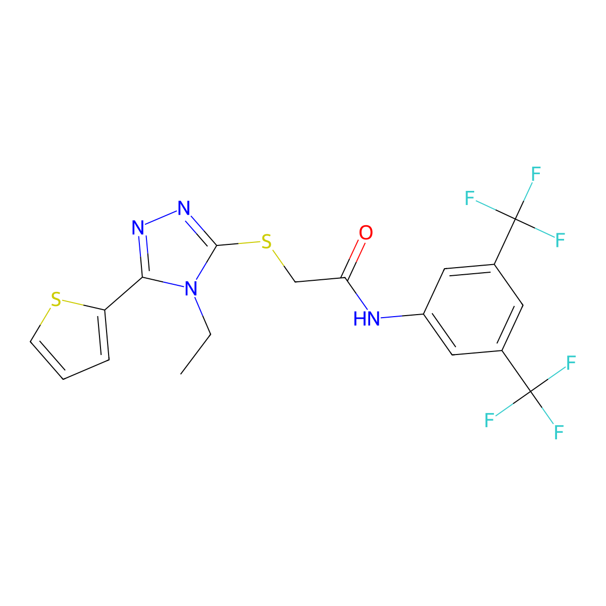 N-(3,5-Bis(trifluoromethyl)phenyl)-2-((4-ethyl-5-(2-thienyl)-4H-1,2,4-triazol-3-YL)sulfanyl)acetamide molecular structure, CAS 556802-21-2