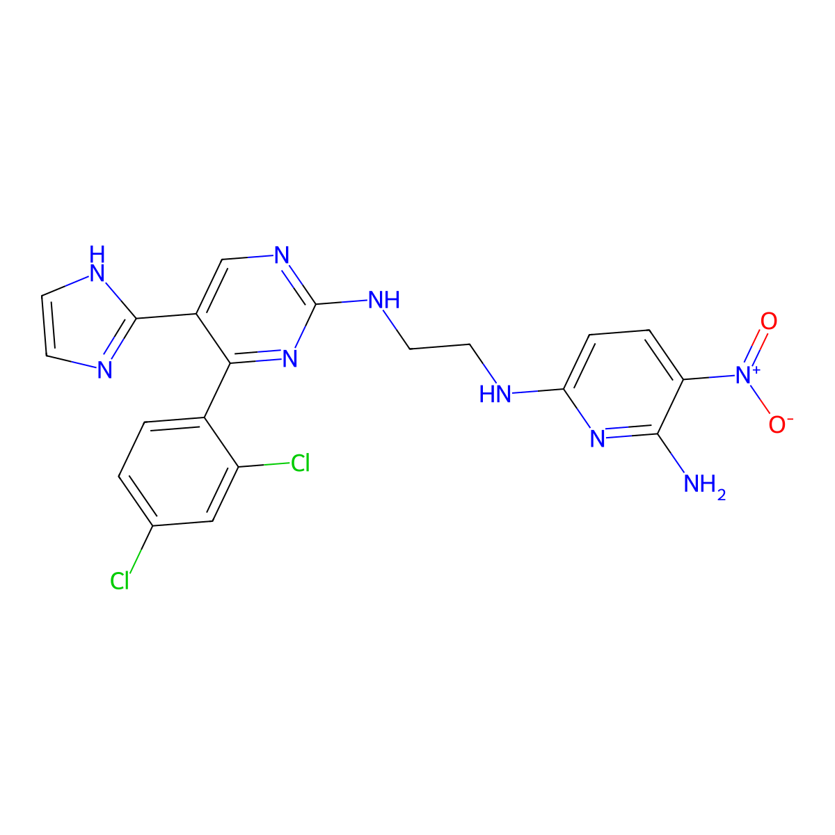 N2-(2-((4-(2,4-Dichlorophenyl)-5-(1H-imidazol-2-yl)pyrimidin-2-yl)amino)ethyl)-5-nitropyridine-2,6-diamine molecular structure, CAS 556813-39-9