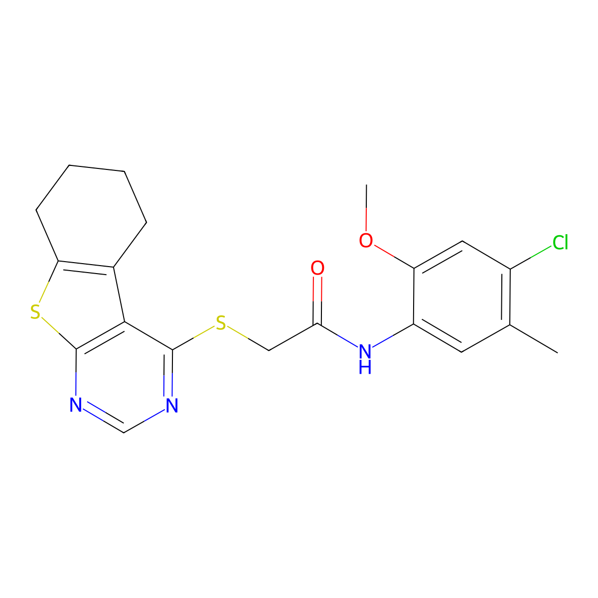 N-(4-chloro-2-methoxy-5-methylphenyl)-2-(5,6,7,8-tetrahydro[1]benzothieno[2,3-d]pyrimidin-4-ylsulfanyl)acetamide molecular structure, CAS 556829-80-2