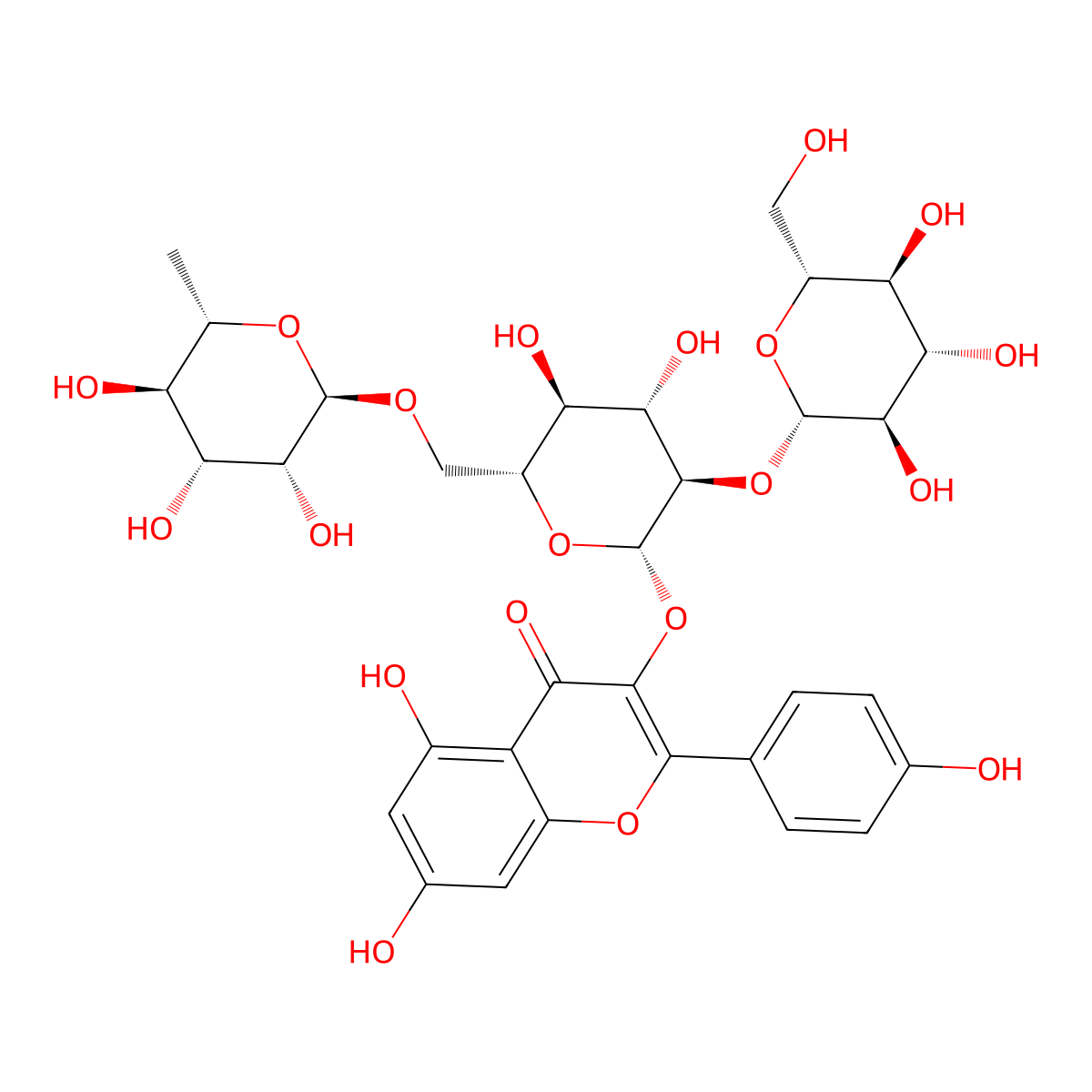 3-((O-6-Deoxy-alpha-L-mannopyranosyl-(1->6)-O-(beta-D-glucopyranosyl-(1->2))-beta-D-glucopyranosyl)oxy)-5,7-dihydroxy-2-(4-hydroxyphenyl)-4H-1-benzopyran-4-one molecular structure, CAS 55696-58-7