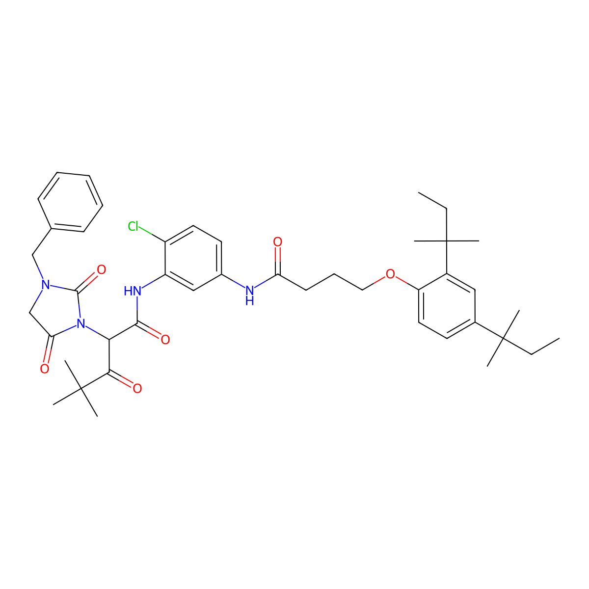 1-Imidazolidineacetamide, N-[5-[[4-[2,4-bis(1,1-dimethylpropyl)phenoxy]-1-oxobutyl]amino]-2-chlorophenyl]-alpha-(2,2-dimethyl-1-oxopropyl)-2,5-dioxo-3-(phenylmethyl)- molecular structure, CAS 55697-63-7