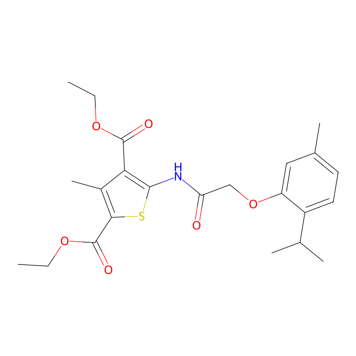 Diethyl 3-methyl-5-({[5-methyl-2-(propan-2-yl)phenoxy]acetyl}amino)thiophene-2,4-dicarboxylate molecular structure, CAS 5570-68-3