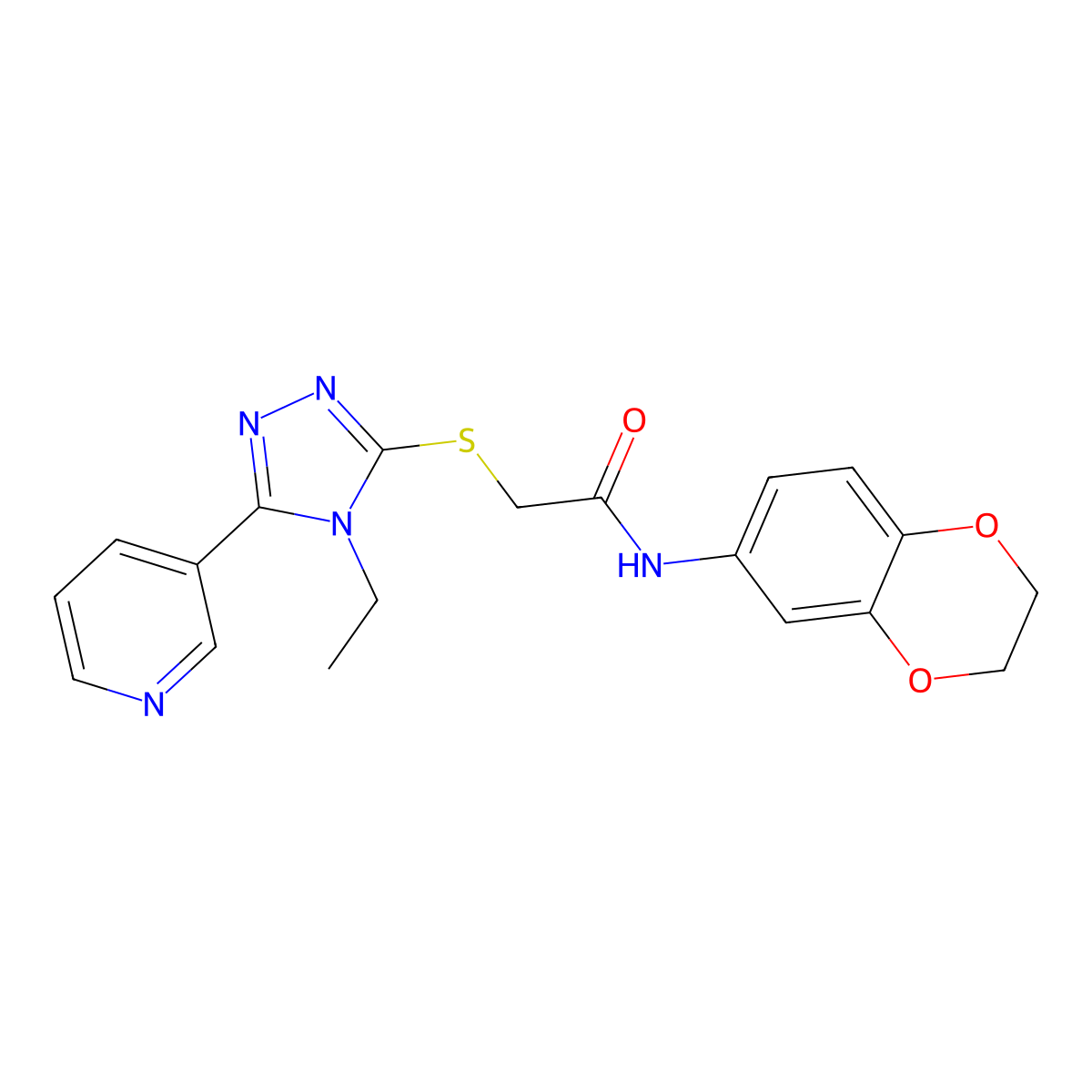 N-(2,3-Dihydro-1,4-benzodioxin-6-YL)-2-((4-ethyl-5-(3-pyridinyl)-4H-1,2,4-triazol-3-YL)sulfanyl)acetamide molecular structure, CAS 557065-71-1