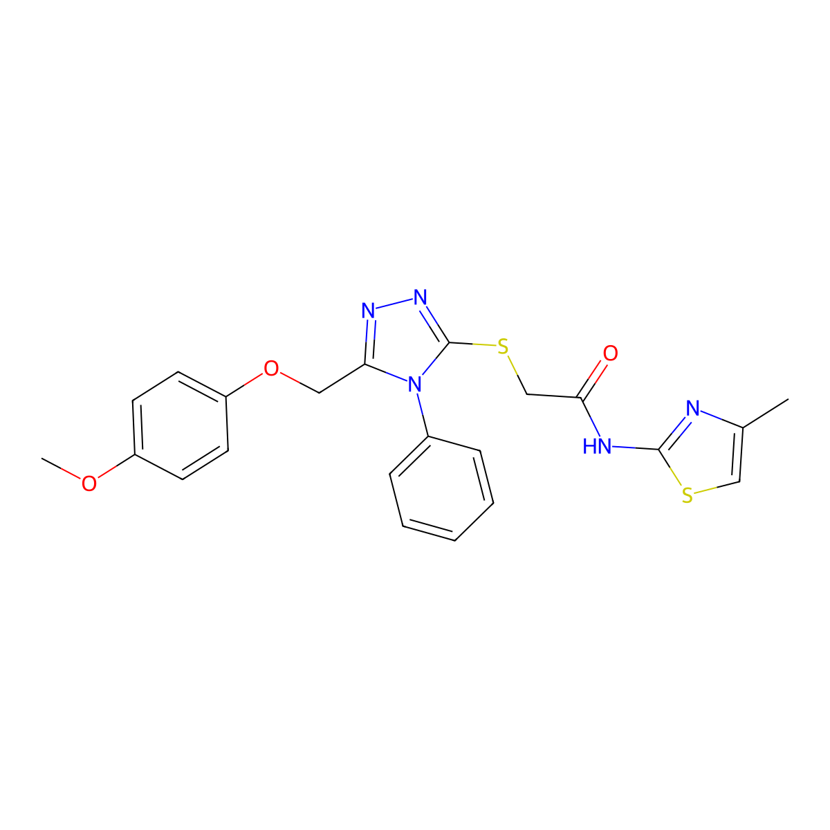 2-[[5-[(4-methoxyphenoxy)methyl]-4-phenyl-1,2,4-triazol-3-yl]sulfanyl]-N-(4-methyl-1,3-thiazol-2-yl)acetamide molecular structure, CAS 557066-37-2