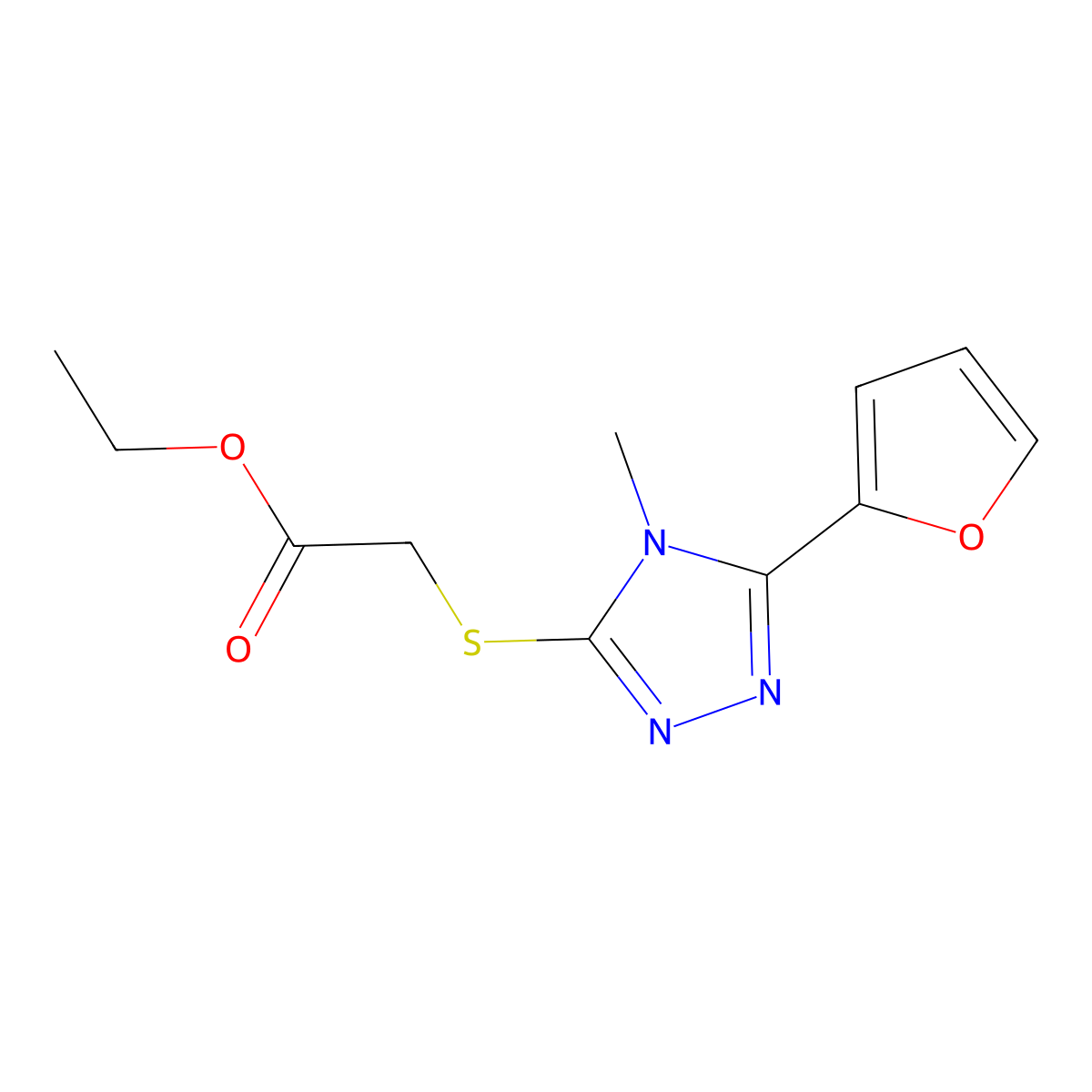 (5-Furan-2-yl-4-methyl-4H-[1,2,4]triazol-3-ylsulfanyl)-acetic acid ethyl ester molecular structure, CAS 557066-88-3