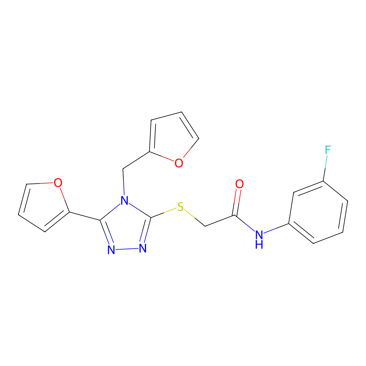 N-(3-Fluorophenyl)-2-((5-(furan-2-yl)-4-(furan-2-ylmethyl)-4H-1,2,4-triazol-3-yl)thio)acetamide molecular structure, CAS 557067-86-4