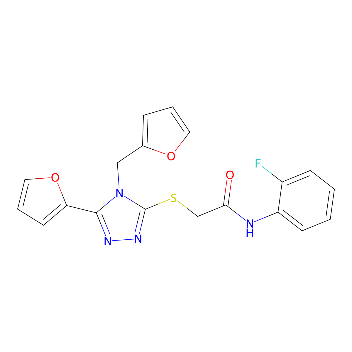 N-(2-fluorophenyl)-2-{[5-(furan-2-yl)-4-(furan-2-ylmethyl)-4H-1,2,4-triazol-3-yl]sulfanyl}acetamide molecular structure, CAS 557067-90-0