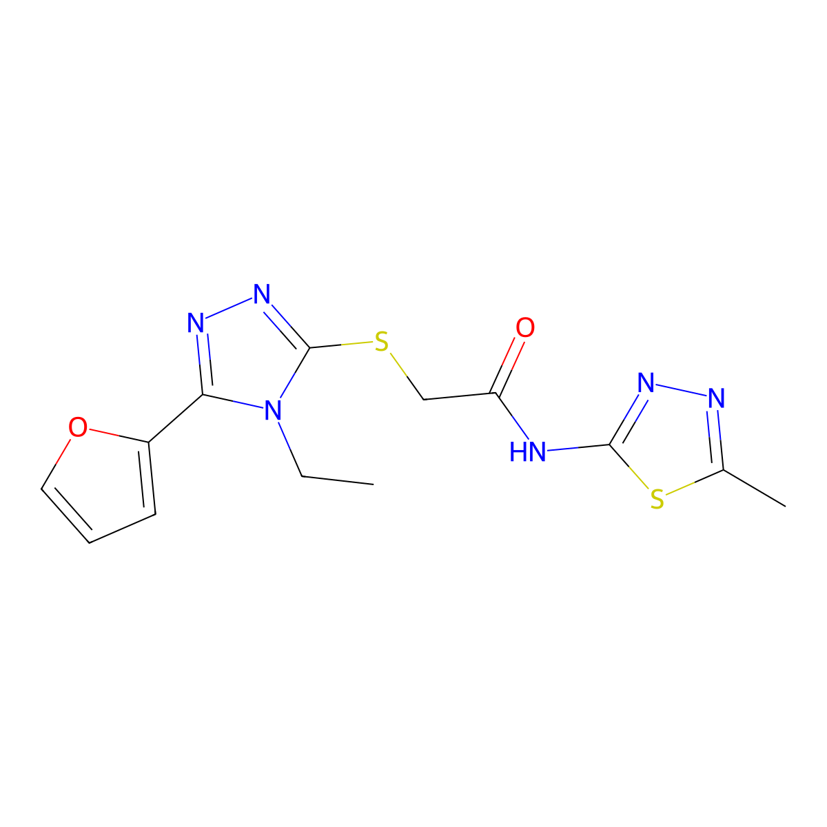 2-(4-Ethyl-5-furan-2-yl-4H-[1,2,4]triazol-3-ylsulfanyl)-N-(5-methyl-[1,3,4]thiadiazol-2-yl)-acetamide molecular structure, CAS 557068-25-4