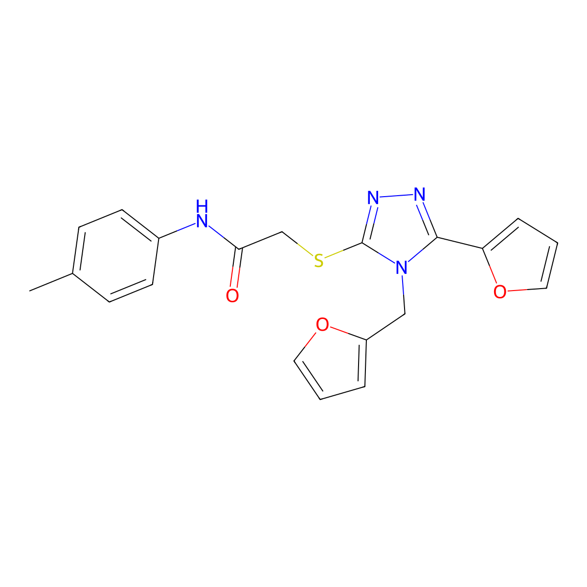 2-{[5-(furan-2-yl)-4-(furan-2-ylmethyl)-4H-1,2,4-triazol-3-yl]sulfanyl}-N-(4-methylphenyl)acetamide molecular structure, CAS 557069-30-4