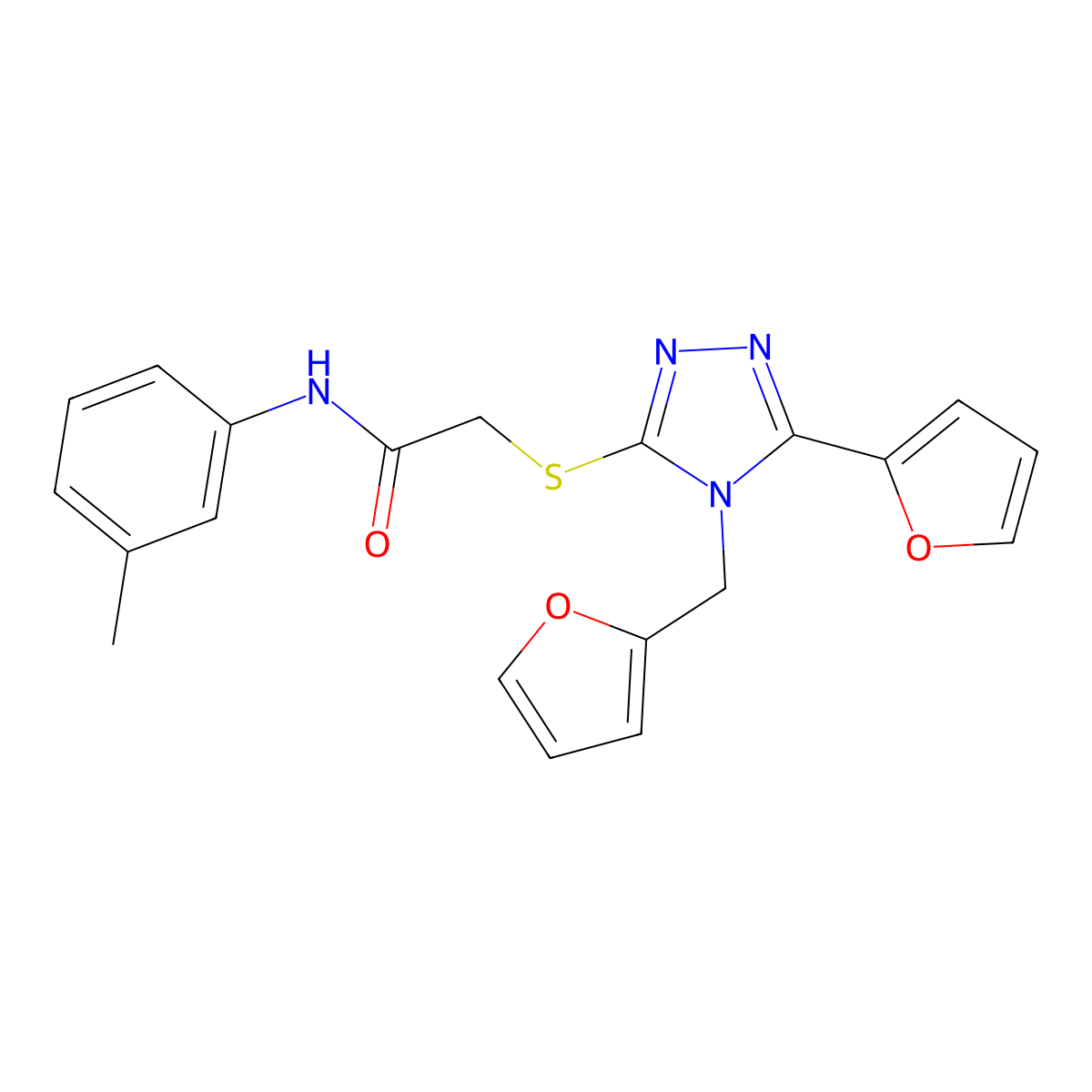 2-{[5-(furan-2-yl)-4-(furan-2-ylmethyl)-4H-1,2,4-triazol-3-yl]sulfanyl}-N-(3-methylphenyl)acetamide molecular structure, CAS 557069-42-8