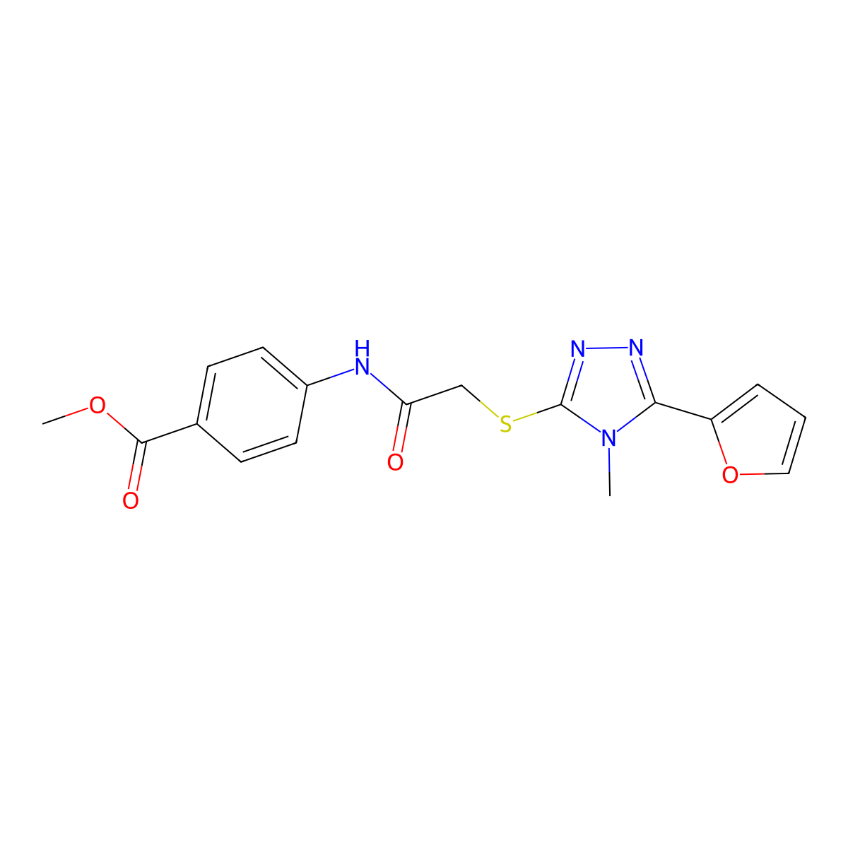 Methyl 4-[2-(5-(2-furyl)-4-methyl-1,2,4-triazol-3-ylthio)acetylamino]benzoate molecular structure, CAS 557069-76-8