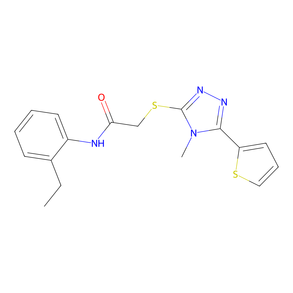 N-(2-ethylphenyl)-2-{[4-methyl-5-(thiophen-2-yl)-4H-1,2,4-triazol-3-yl]sulfanyl}acetamide molecular structure, CAS 557072-70-5