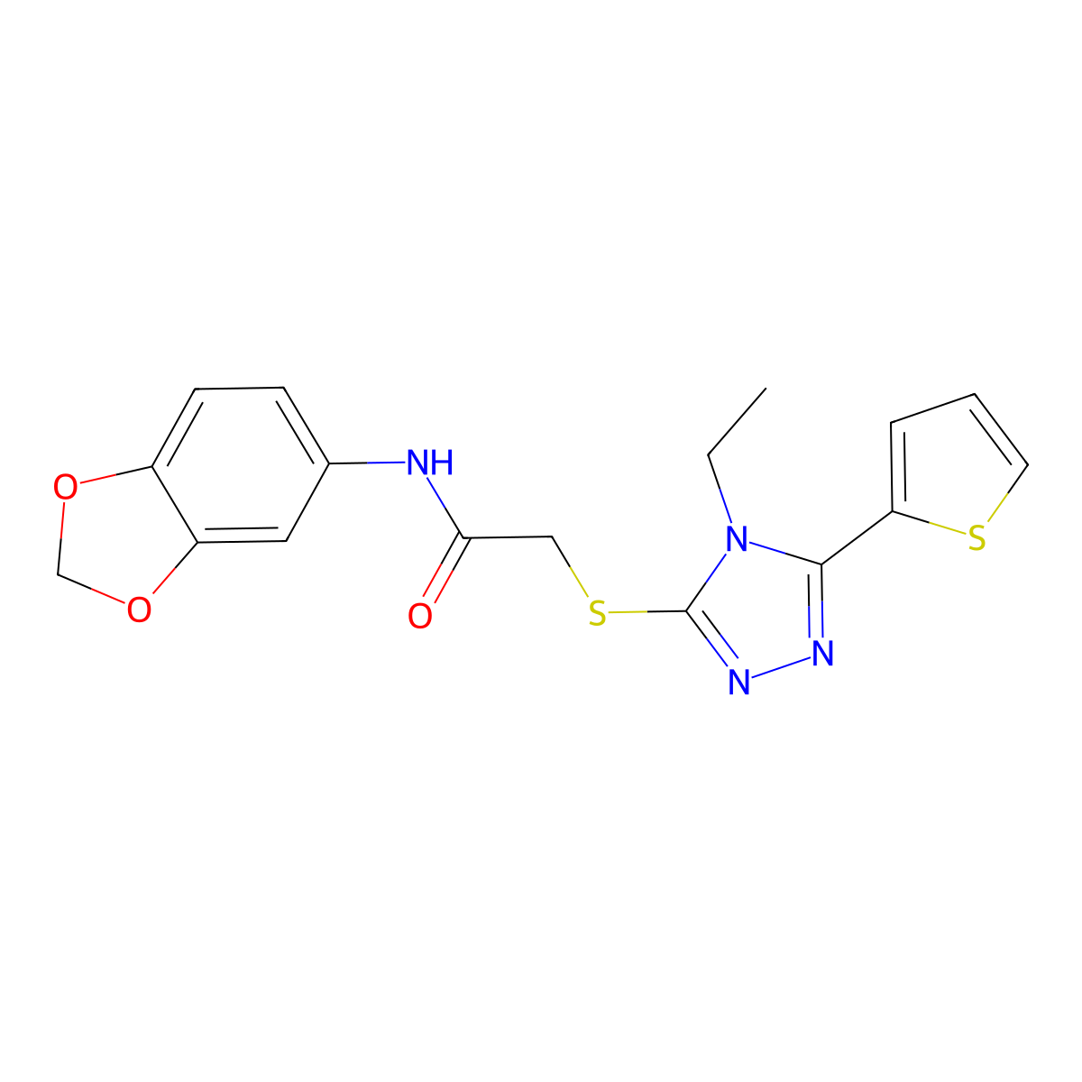 N-(1,3-Benzodioxol-5-YL)-2-((4-ethyl-5-(2-thienyl)-4H-1,2,4-triazol-3-YL)sulfanyl)acetamide molecular structure, CAS 557072-89-6